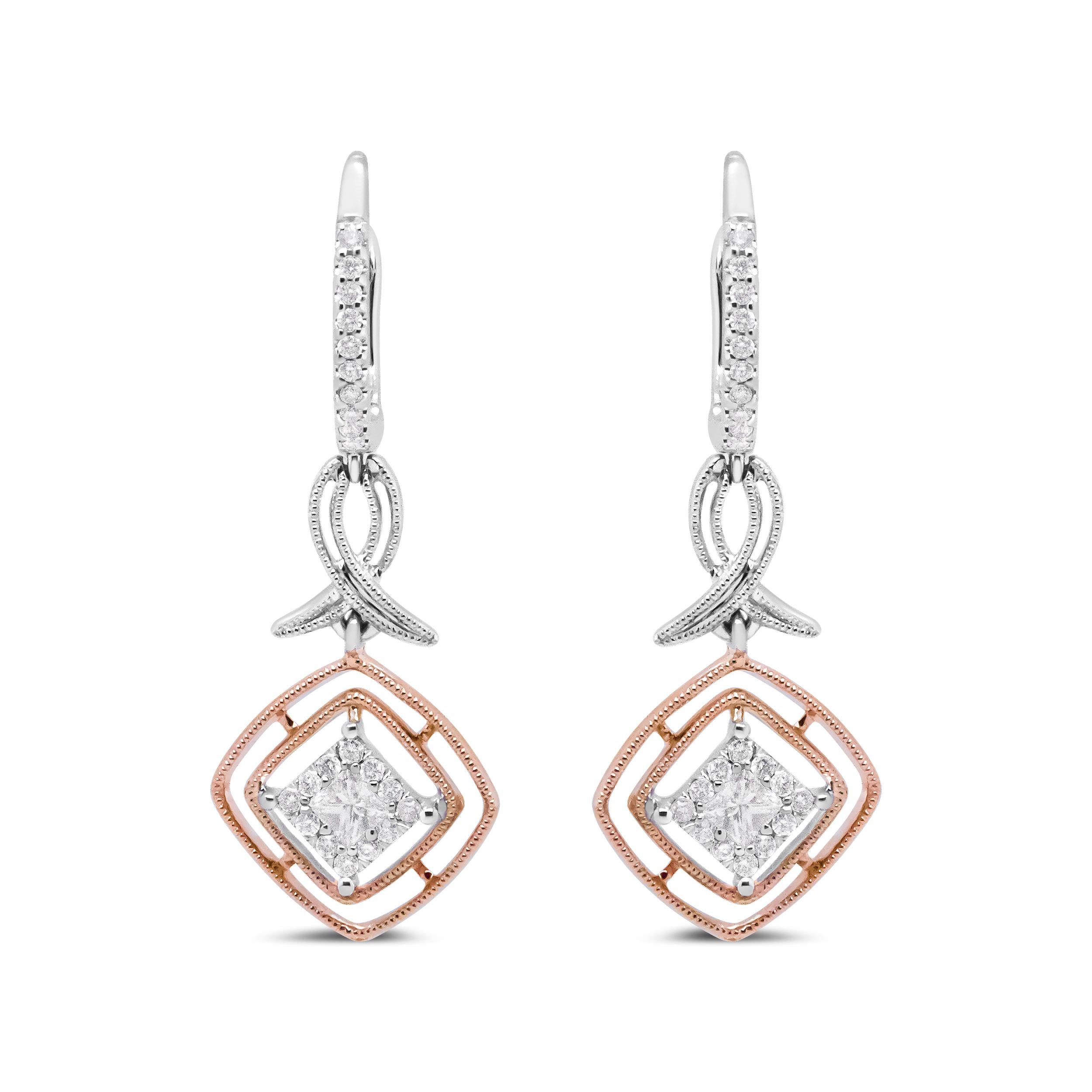These two-tone diamond dangle earrings are so unique and refreshing, crafted from genuine 14k white and rose gold. This piece starts with an upper dangle which is set with round white diamonds in prong settings. The middle dangle is a ribbon