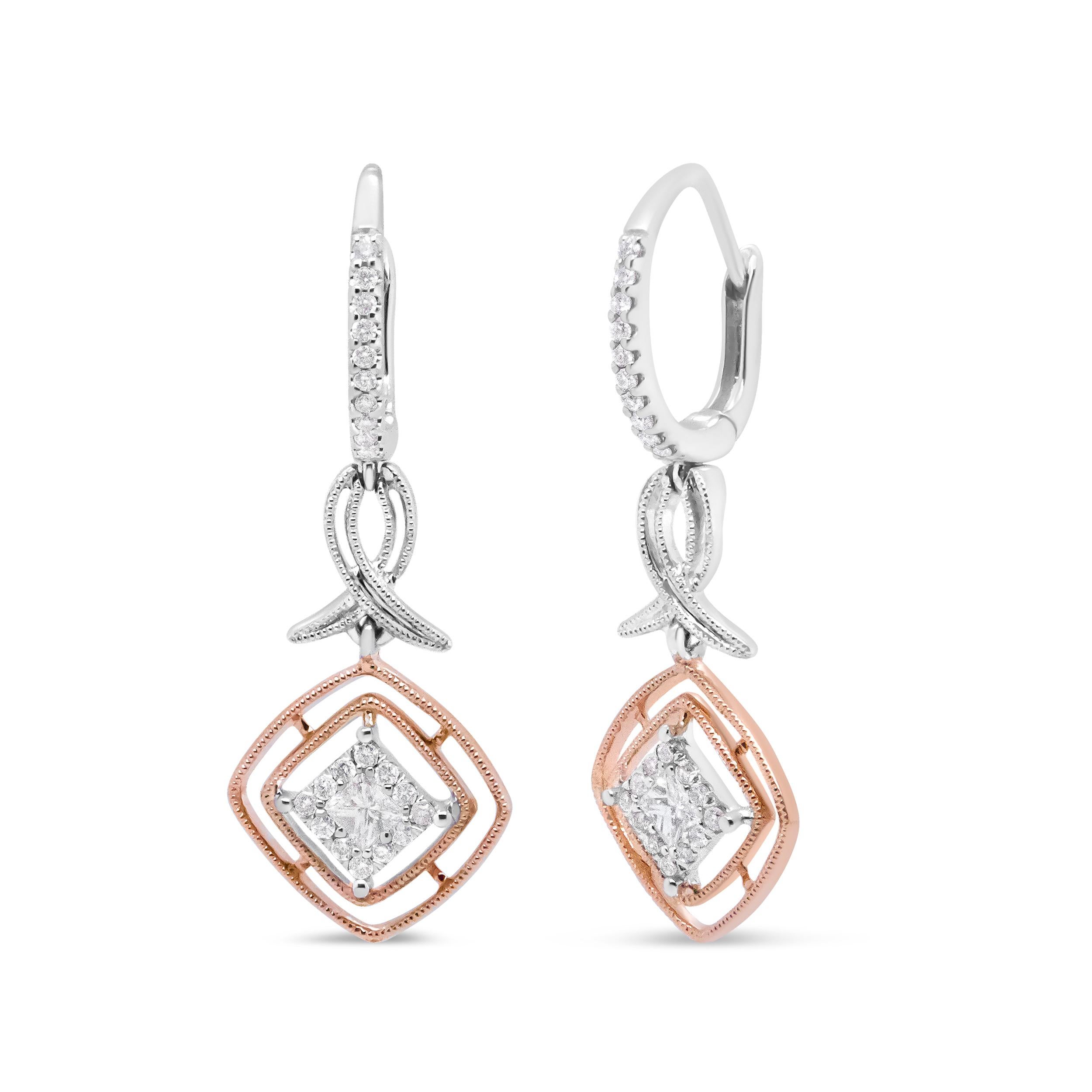 Princess Cut 14K White and Rose Gold 1/2 Cttw Diamond Openwork Marquise Ribbon Dangle Earring For Sale