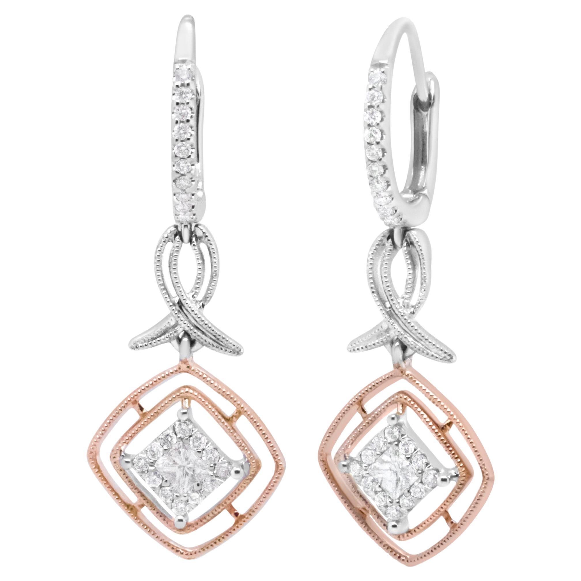 14K White and Rose Gold 1/2 Cttw Diamond Openwork Marquise Ribbon Dangle Earring For Sale