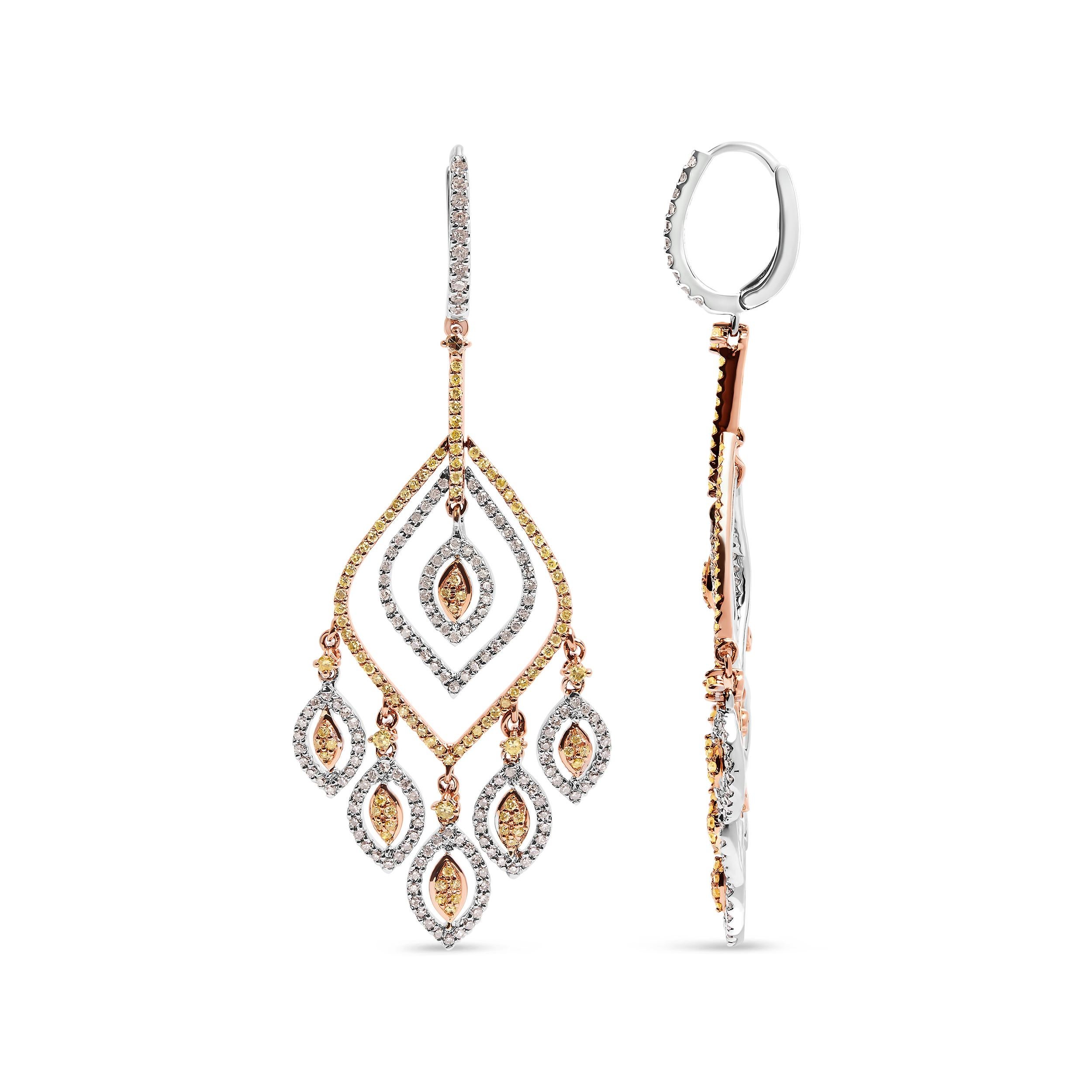 Modern 14K White and Rose Gold 2 1/2 Carat Diamond Curved Rhombus Shape Dangle Earring For Sale