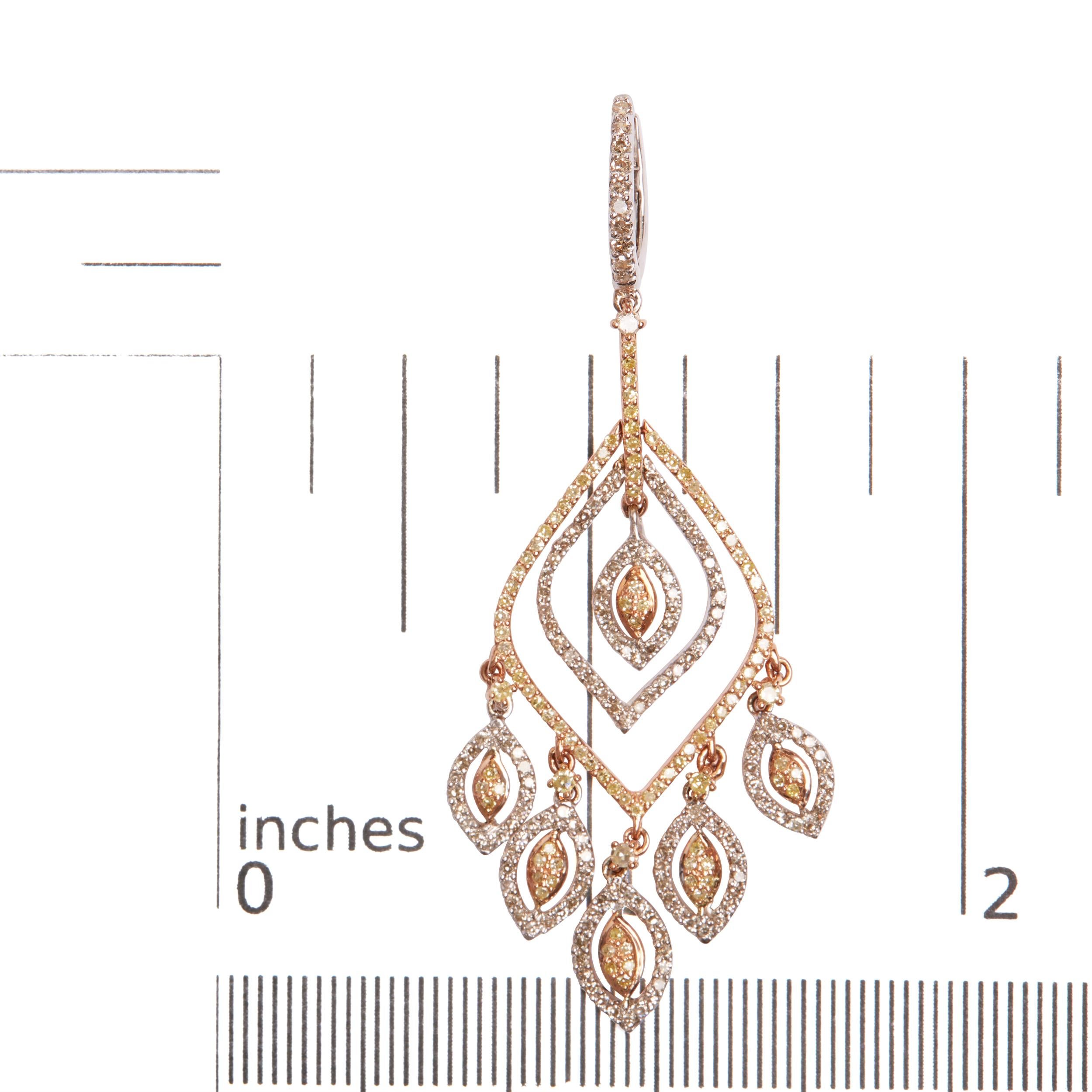 Round Cut 14K White and Rose Gold 2 1/2 Carat Diamond Curved Rhombus Shape Dangle Earring For Sale