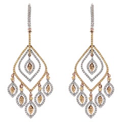 Pendants d'oreilles en or blanc et rose 14 carats avec diamants en forme de losange incurvés de 2 1/2 carats
