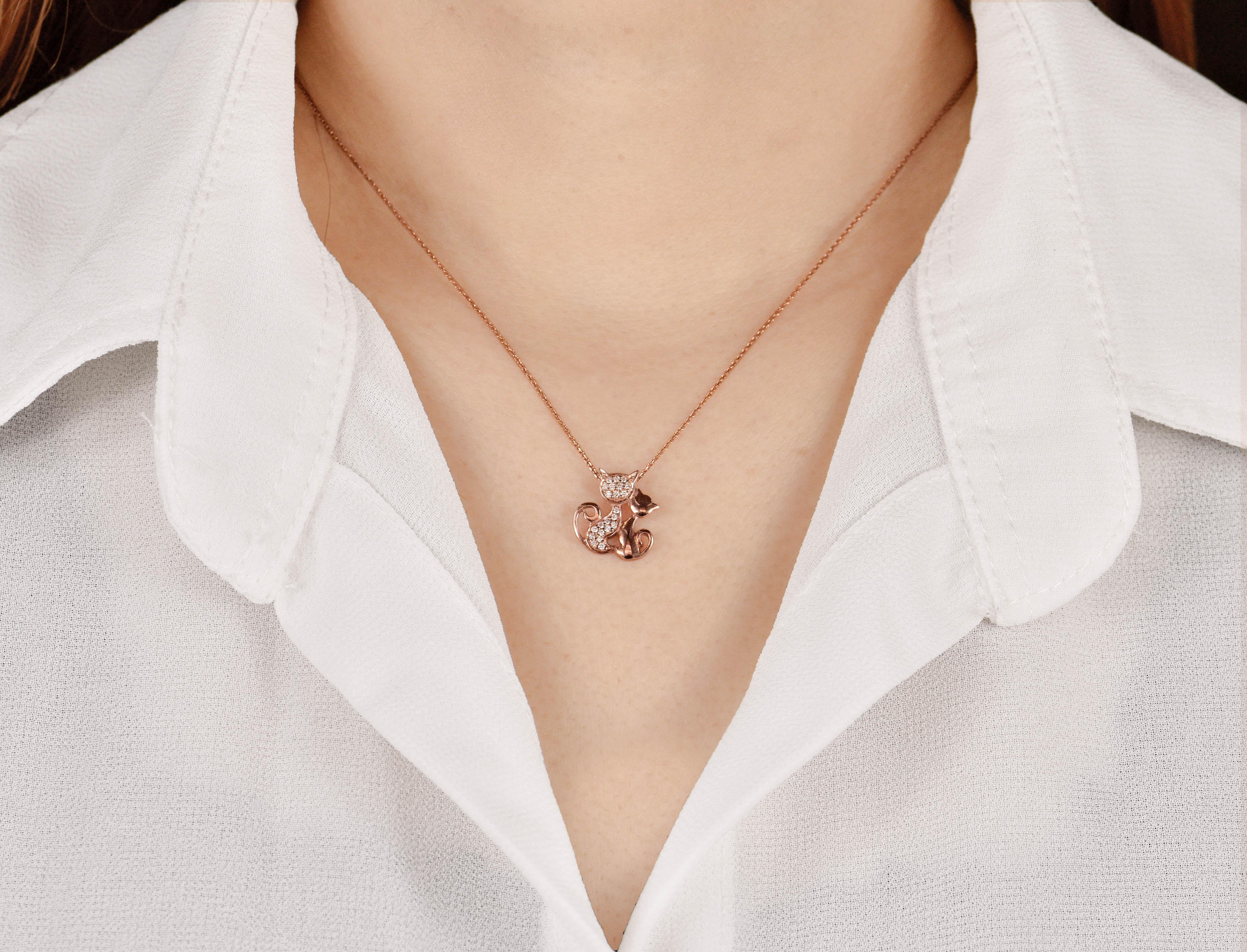 14k Weiß- und Roségold Diamant-Halskette mit Katzenanhänger, zweifarbiger Diamant für Damen oder Herren im Angebot