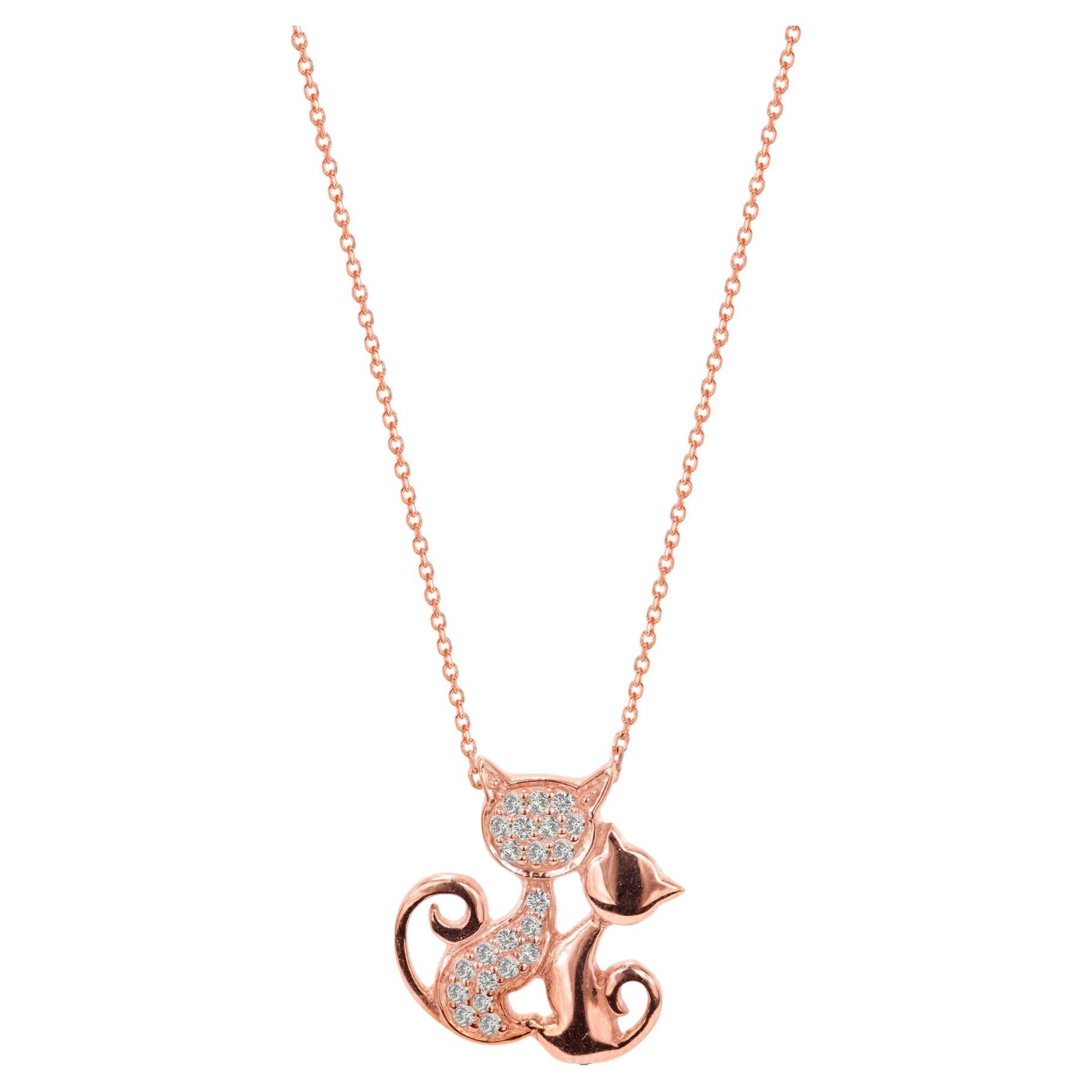 14k White and Rose Gold Diamond Cat Charm Necklace Two Tone Diamond Necklace For Sale