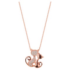 14k White and Rose Gold Diamond Cat Charm Necklace Two Tone Diamond Necklace