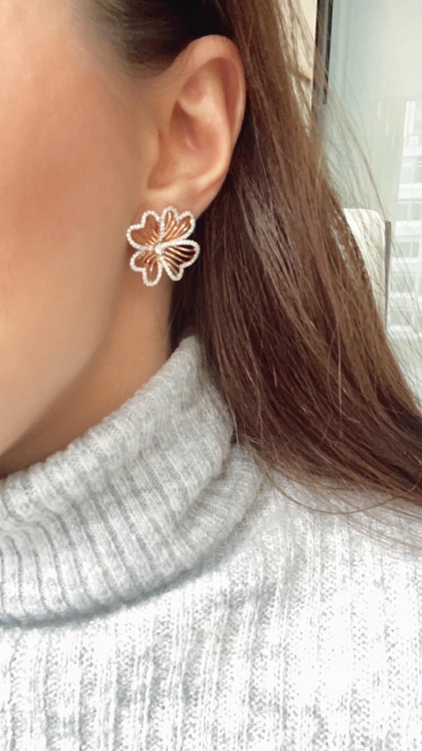 Modern 14 Karat White and Rose Gold Diamond Flower Earrings For Sale