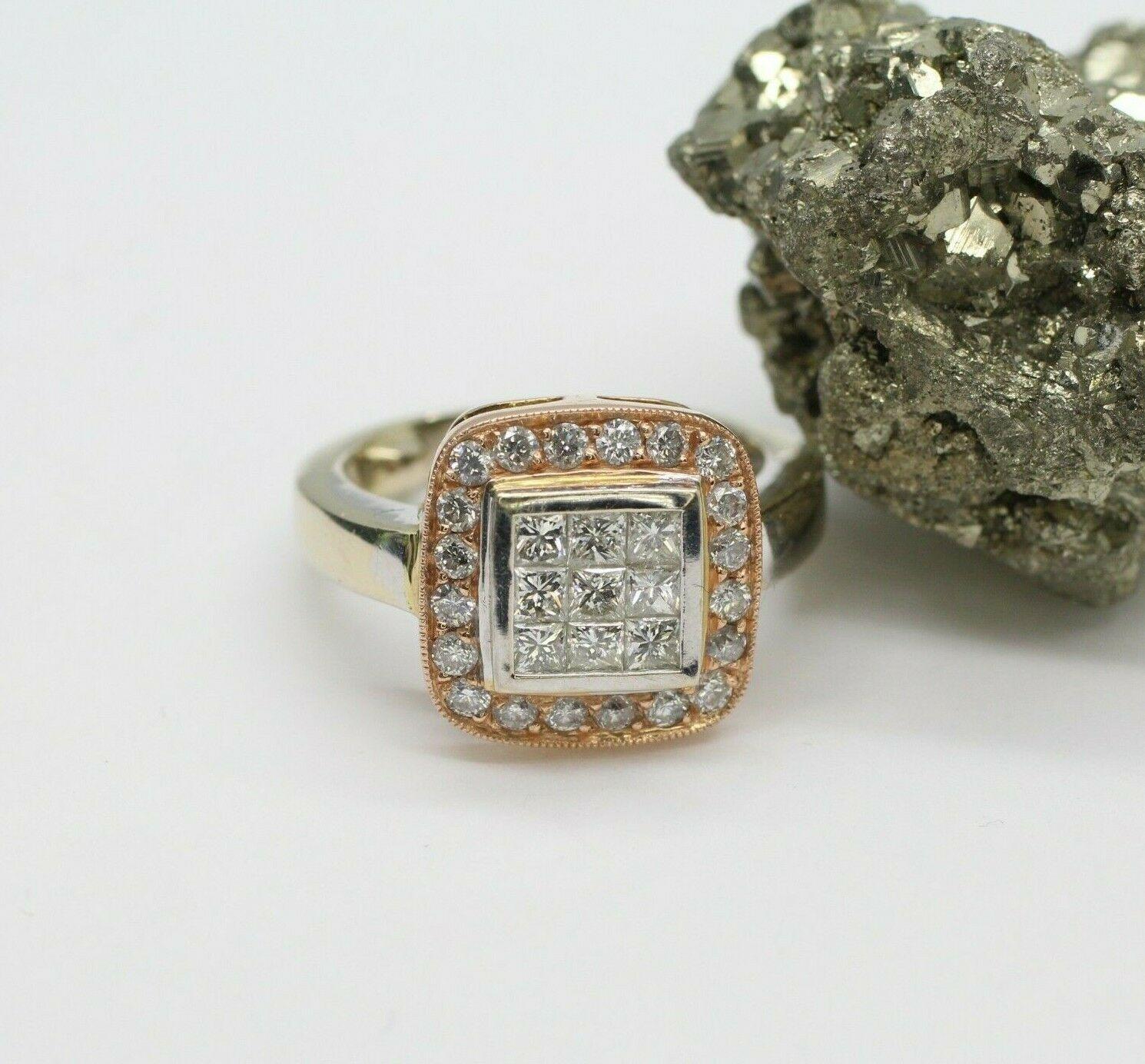 This is a 14k white gold ring with invisible set princess diamonds surrounded with white round diamonds. The diamonds are tightly set close together to form a diamond invisible set. It weighs 7.2 grams of two tone rose and white  gold and diamonds.