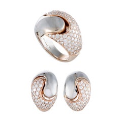 14 Karat White and Rose Gold Diamond Pave Omega Earrings and Ring Set