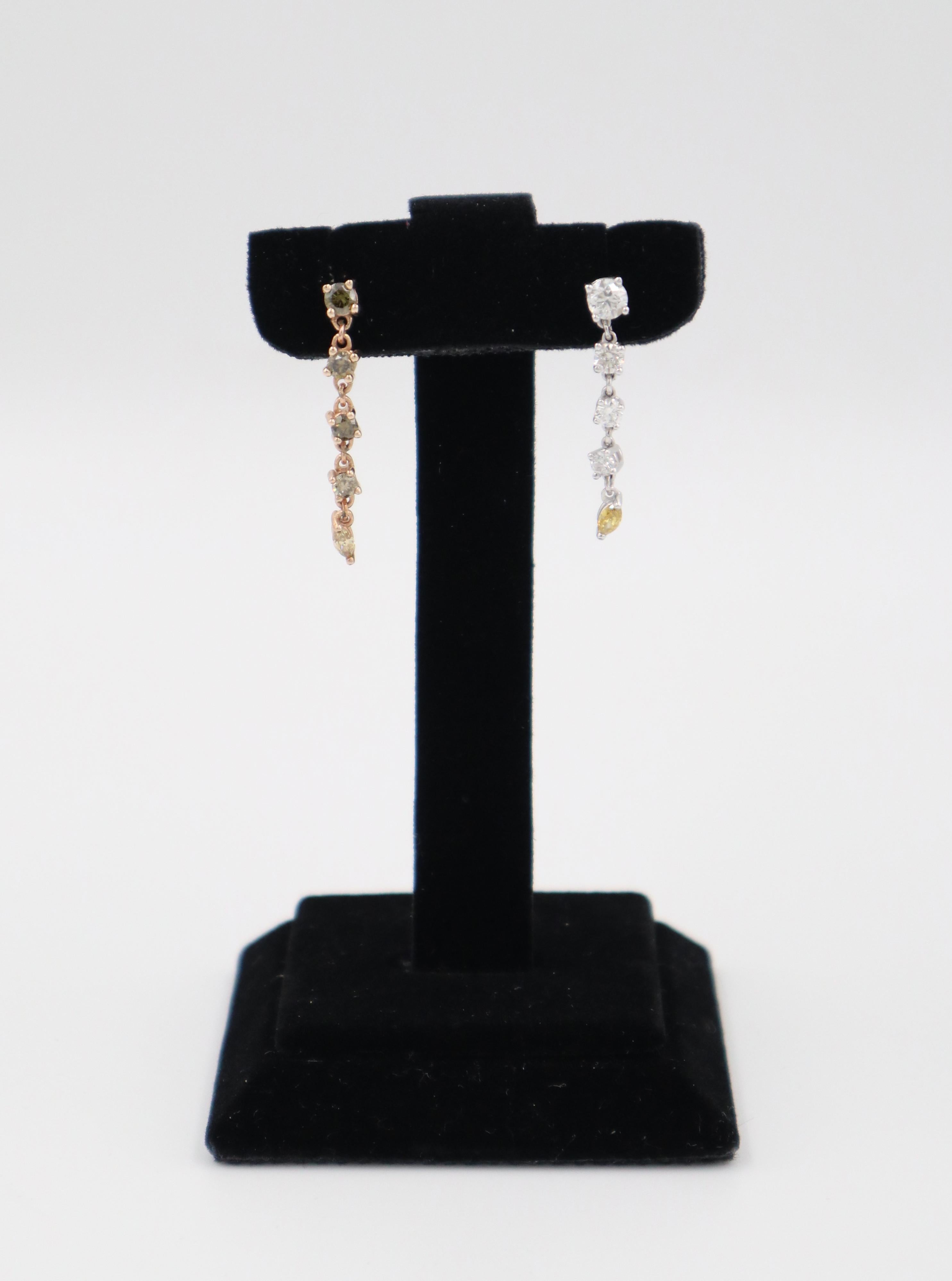 Contemporary 14k White and Rose Gold Drop Earrings with Diamonds For Sale