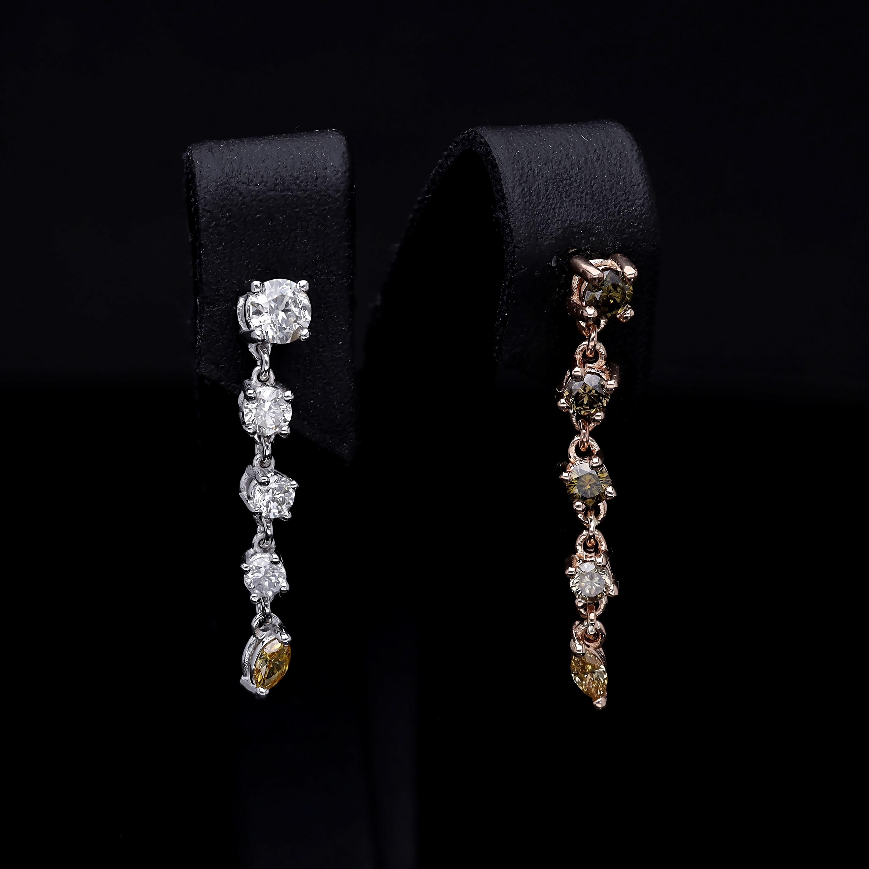 14k White and Rose Gold Drop Earrings with Diamonds In New Condition For Sale In ISTANBUL, TR