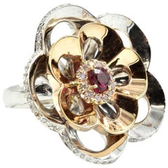 14k White and Rose Gold Natural 0.68ct Ruby and Diamond 0.71cttw Big Flower Ring