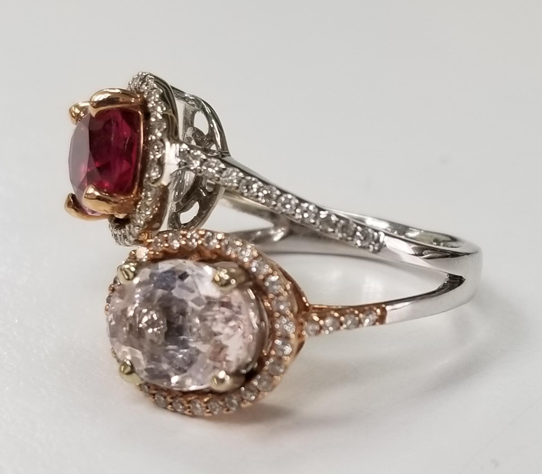 14k white and rose gold pink tourmaline and diamond ring, 1 oval cut pink tourmaline weighing  1.91cts. and 1 oval kunzite weighing .40cts.
 of gem quality and 84 round full cut diamonds of very fine quality weighing .45ts. Two rings as one.