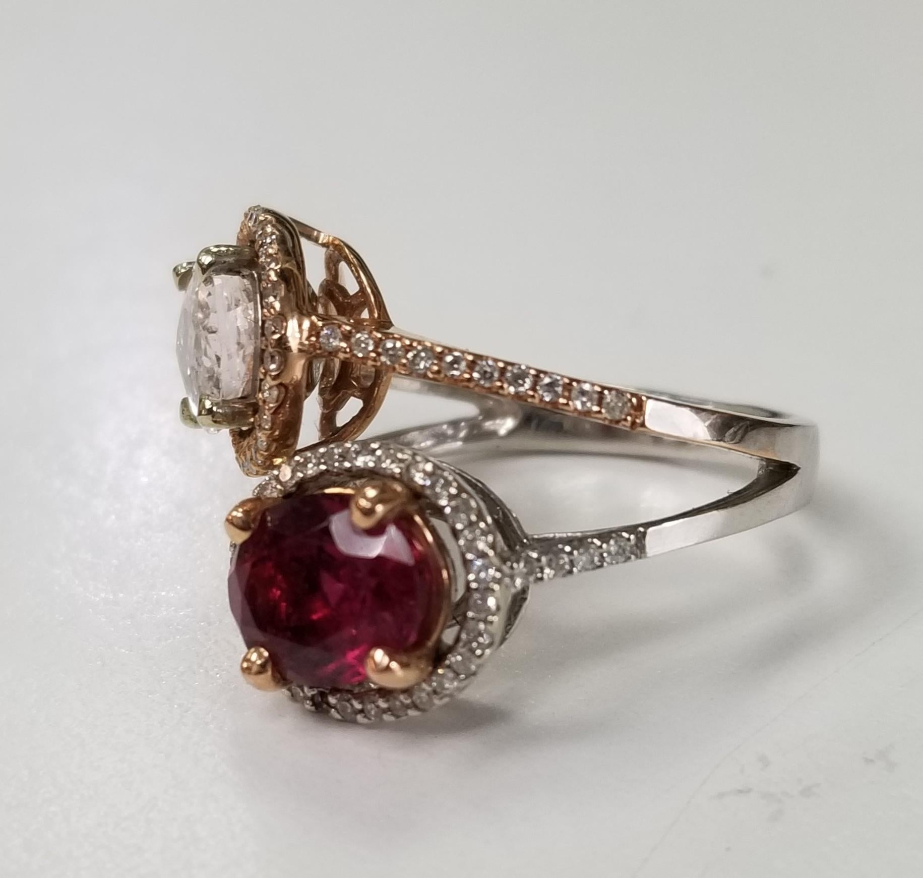 14 Karat White and Rose Gold Pink Tourmaline and Diamond Ring In New Condition In Los Angeles, CA