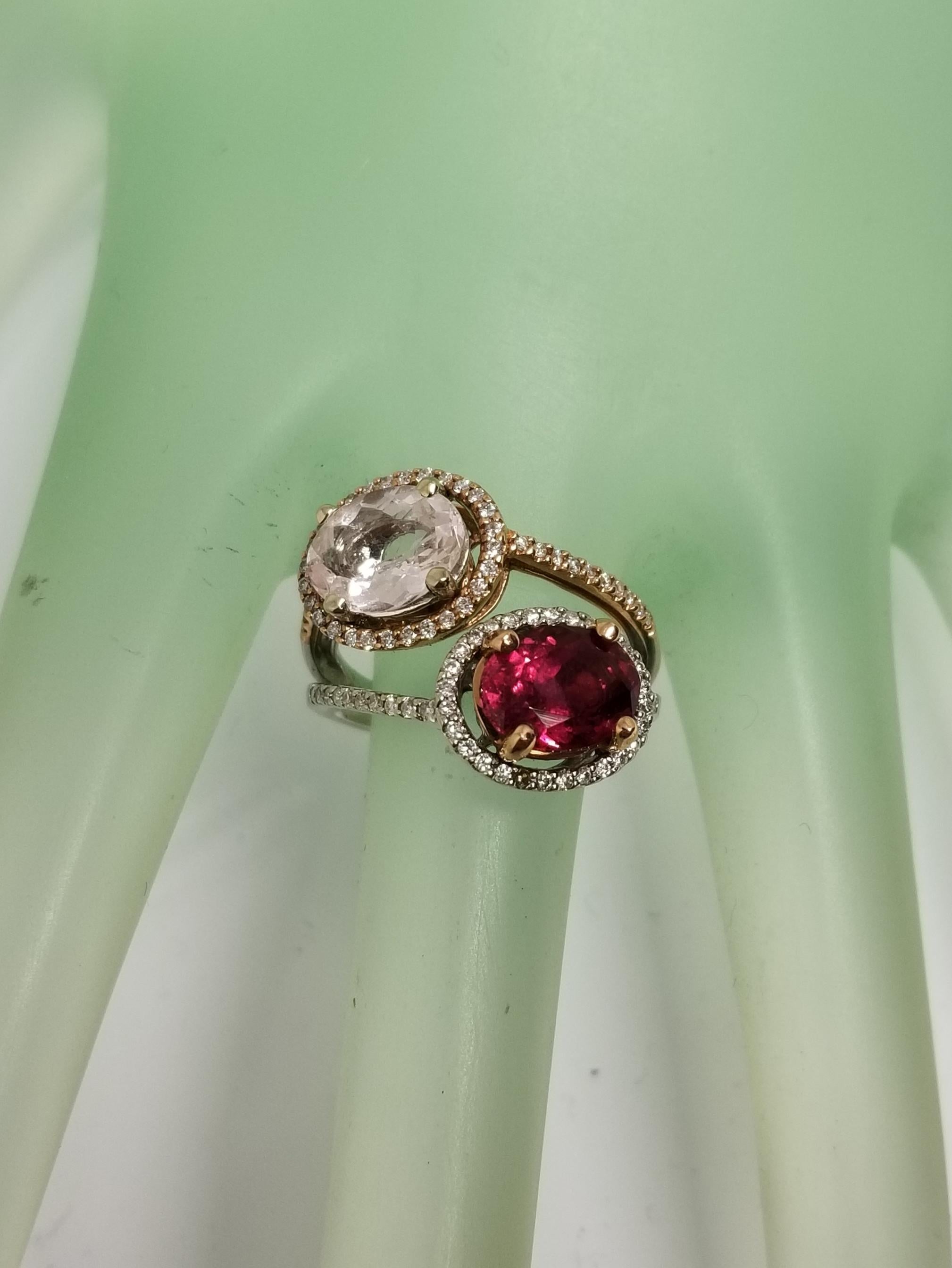 Women's or Men's 14 Karat White and Rose Gold Pink Tourmaline and Diamond Ring