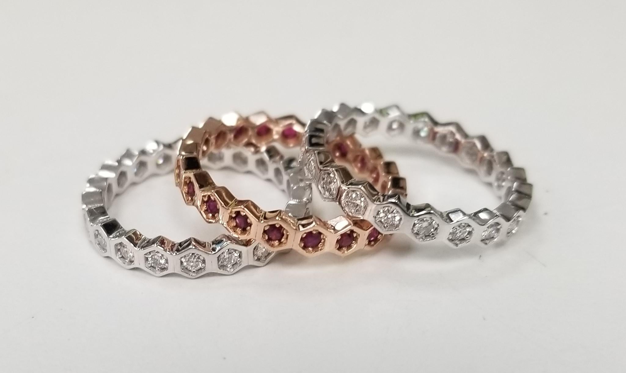 14k white and rose gold stack-able rings;
stones: 42 round diamonds 
color: G
clarity: VS
weight: .90pts.
additional stones: 21 rubies
weight: .47pts.
gold: 14k
size: 6.5
*pick color combinations*
