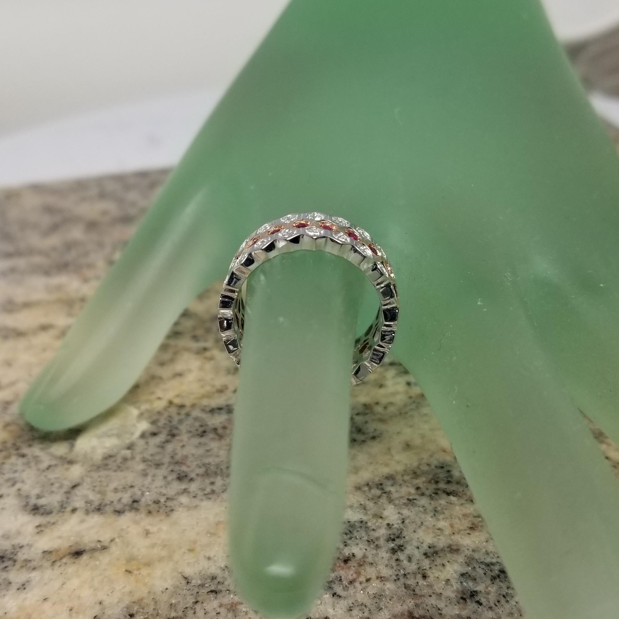 14k White and Rose Gold Stackable Rings with Diamonds and Rubies In New Condition For Sale In Los Angeles, CA