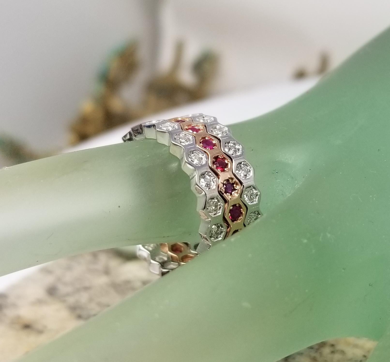 Women's or Men's 14k White and Rose Gold Stackable Rings with Diamonds and Rubies For Sale
