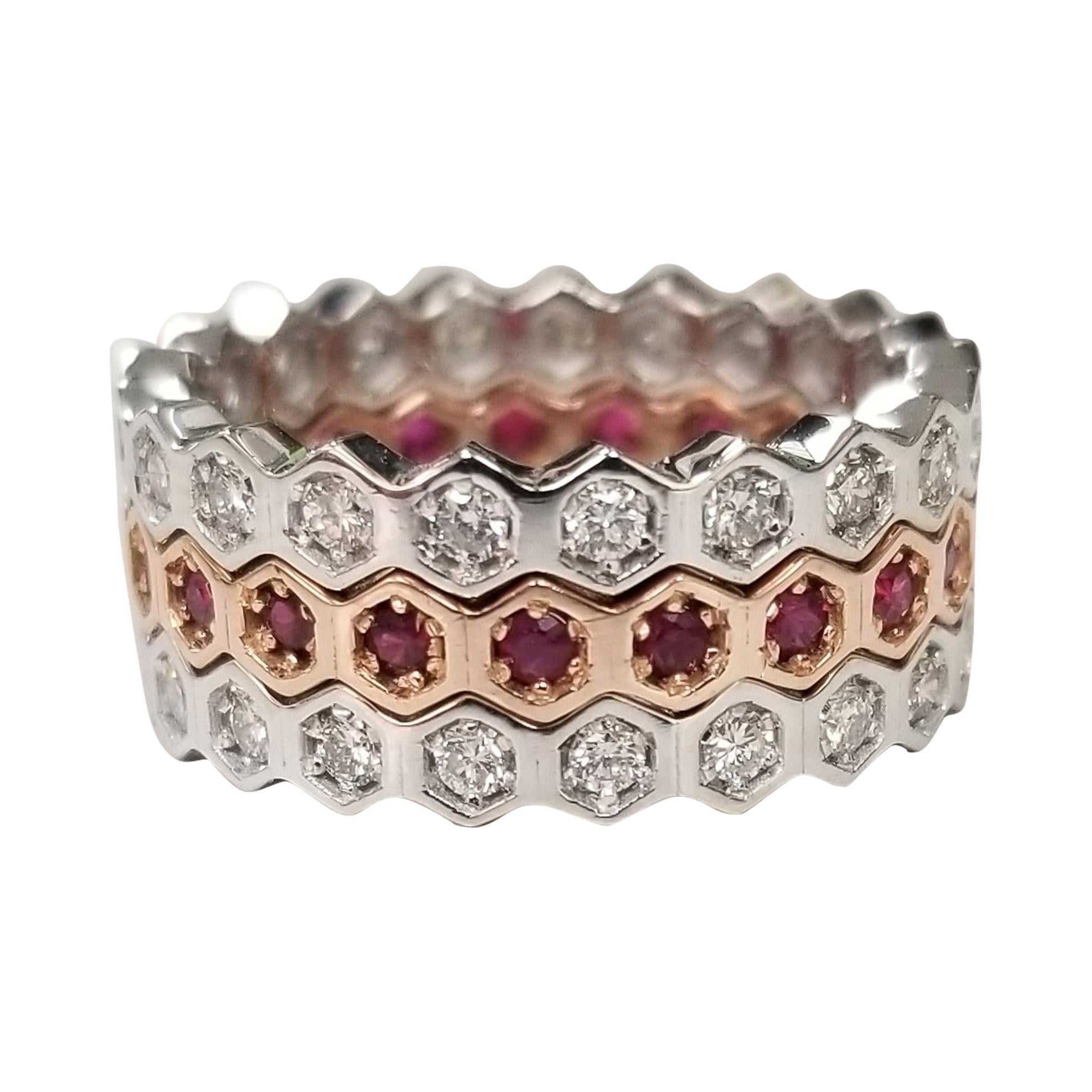 14k White and Rose Gold Stackable Rings with Diamonds and Rubies For Sale
