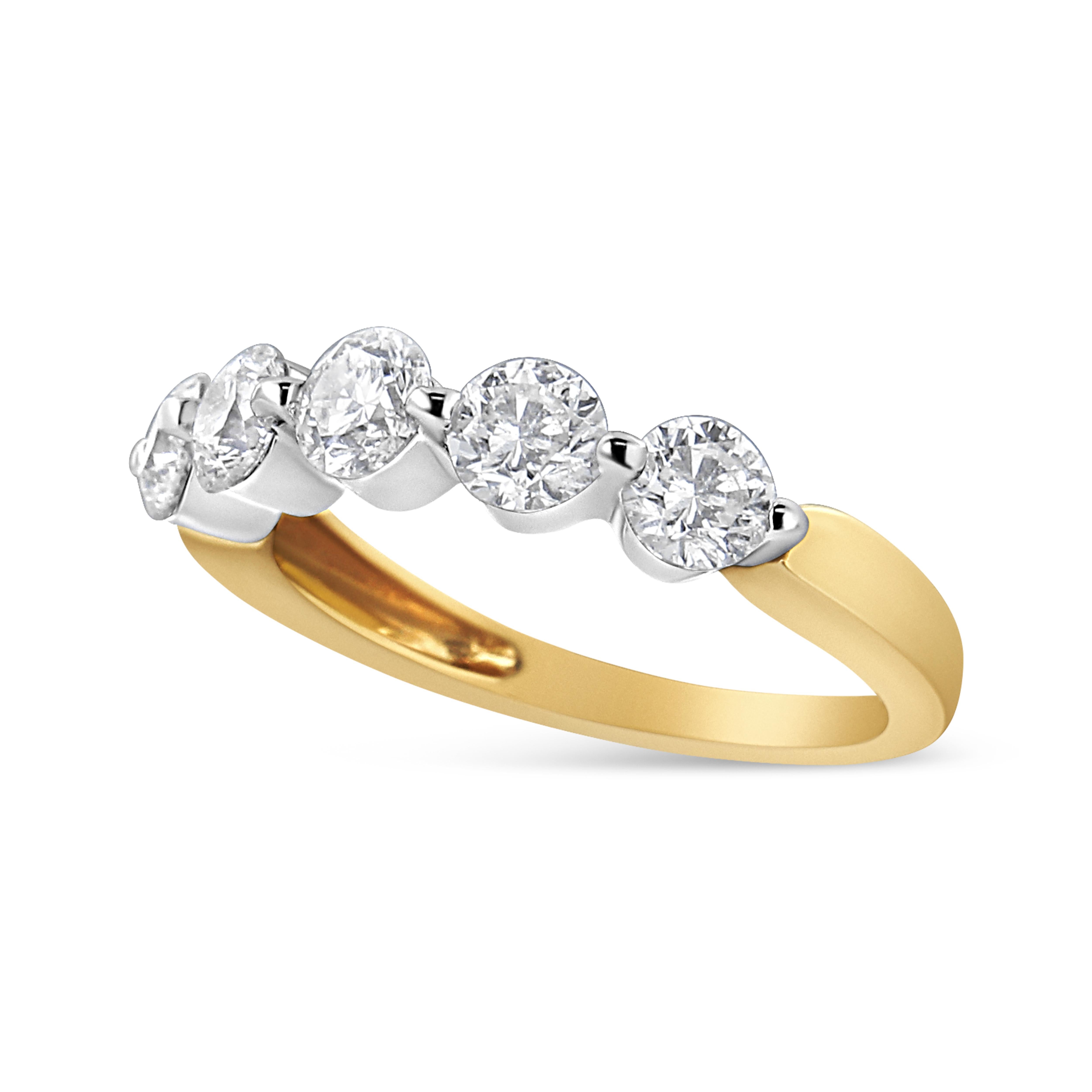 Sparkle bright with this magnificent 1 1/2 cttw diamond ring. Sporting a shining yellow gold band, this ring glows with 5 round-cut diamonds in a gleaming white gold. The gold is 14k and the diamonds are pave set. This white and yellow gold ring is