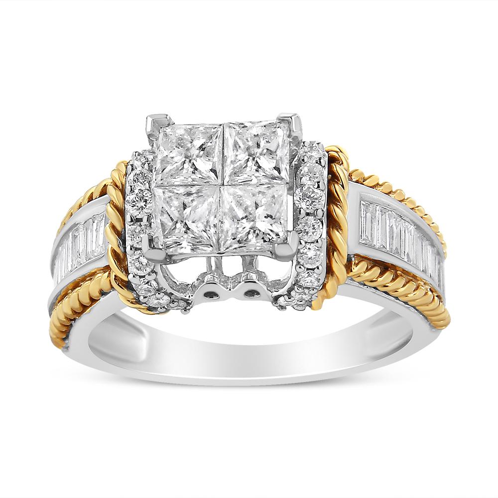 Four gorgeous princess-cut diamonds form the center of this stunning engagement ring for her. A bold border of round diamonds frames the center and is accented with two strands of rope shaped yellow gold. The ring is further elevated by an elegant