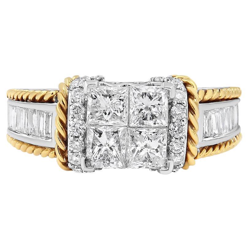 Bague de fiançailles de style quadrilobé en or blanc et jaune 14 carats avec diamants de 1 1/2 carat