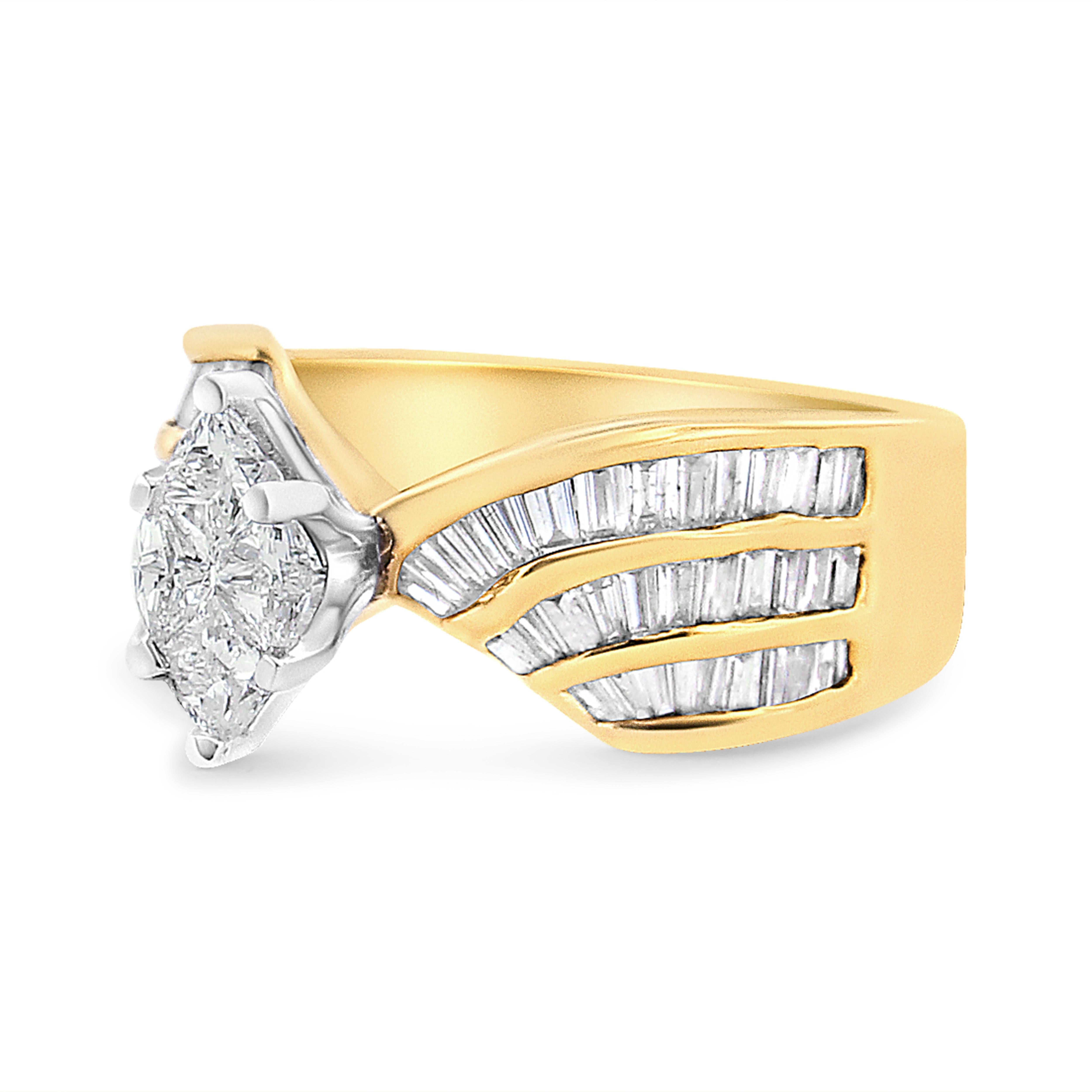 Intricately designed, this 14k two tone gold ring is expertly set with 1 1/4 cttw of natural diamonds. 4 pie-cut diamonds sit as the center motif of this piece, and baguette-cut diamonds are embellished onto the yellow gold band. The baguette-cut
