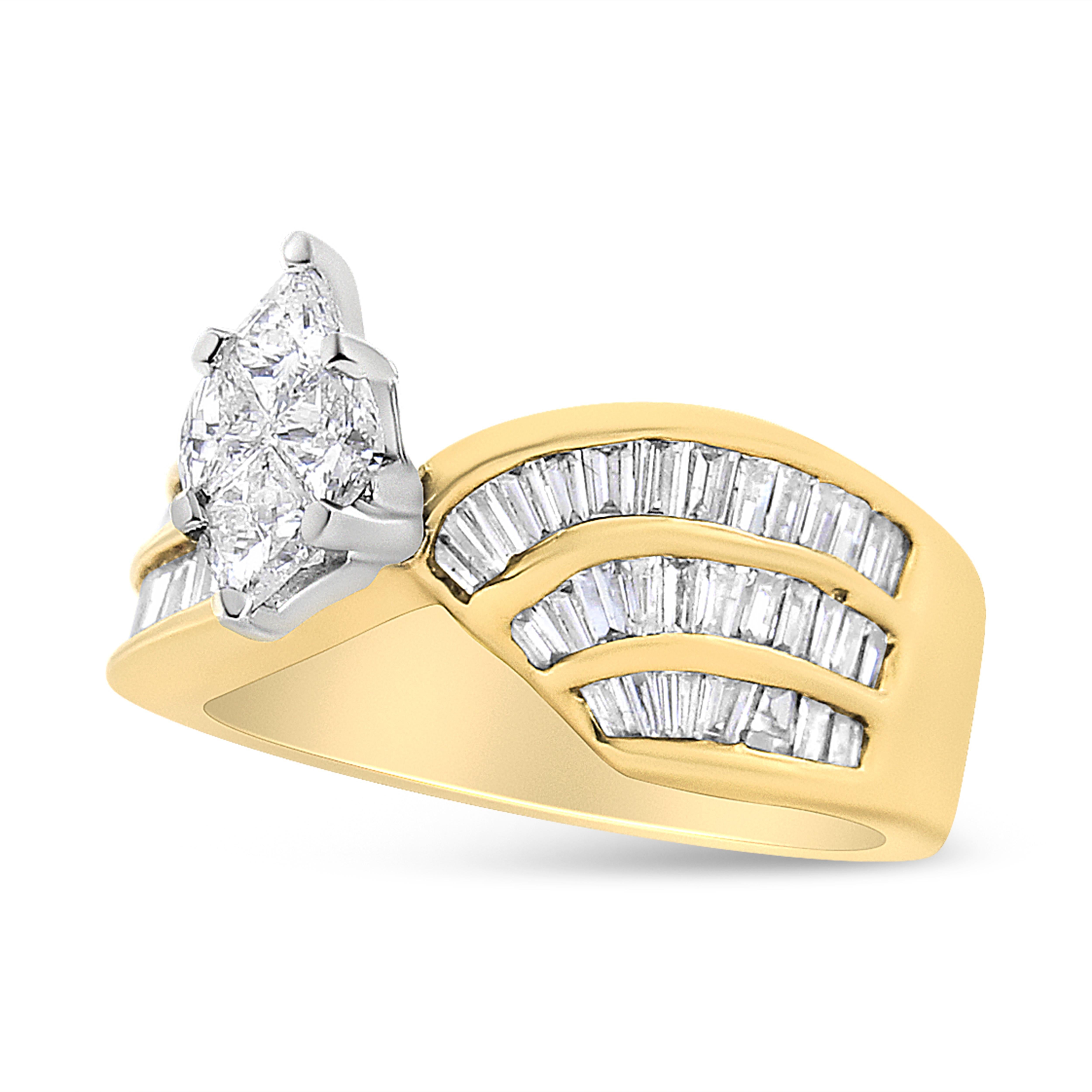 Taille Marquise Bague de fiançailles bypass en or blanc et jaune 14 carats avec diamants de 1 1/4 carat en vente