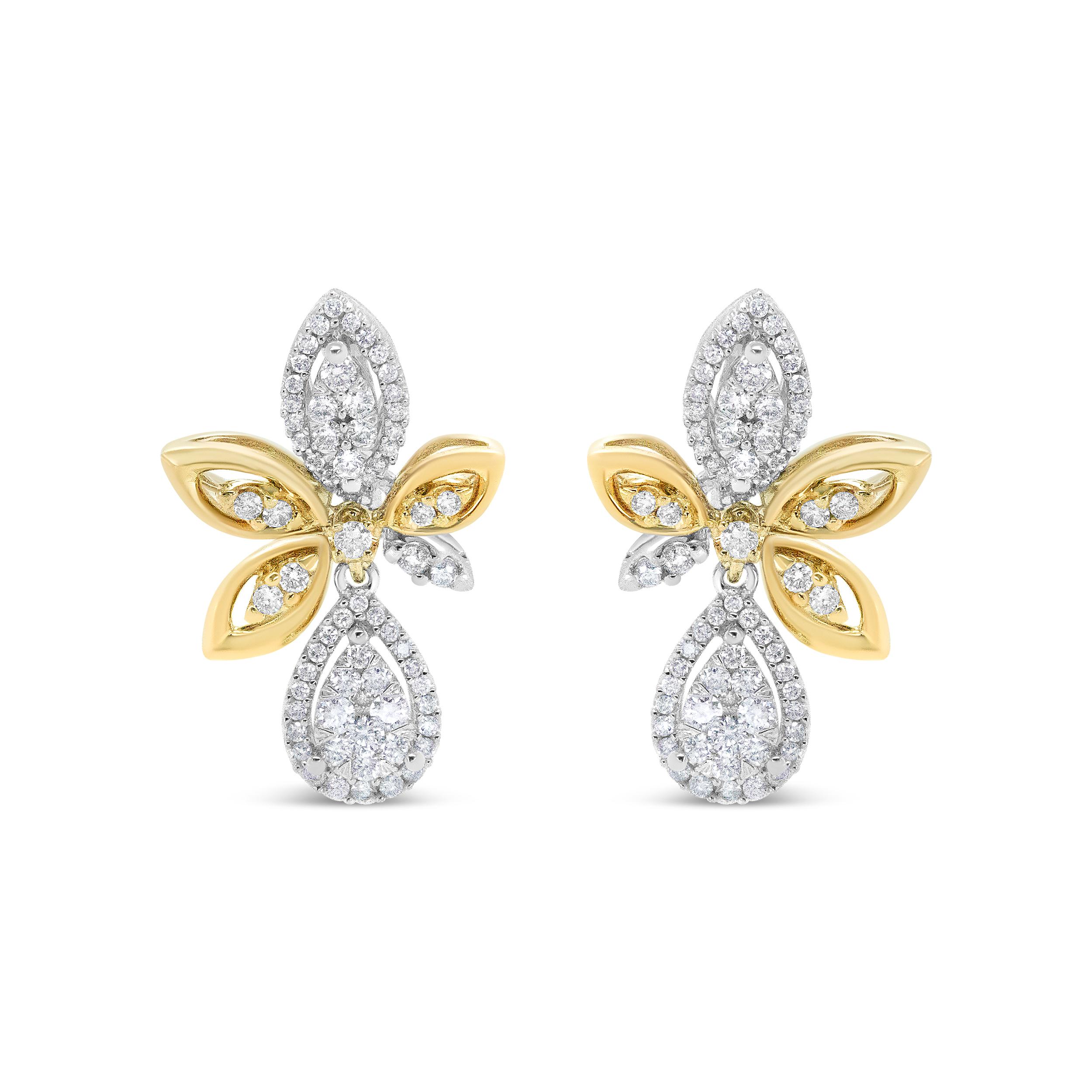 This dream-like pair of drop dangle earrings exudes total luxury, drenched in the brilliance of 140 round white diamonds in glorious pave settings. These sparkling diamonds total 1.00 cttw with an approximate H-I Color and SI1-SI2 Clarity. These