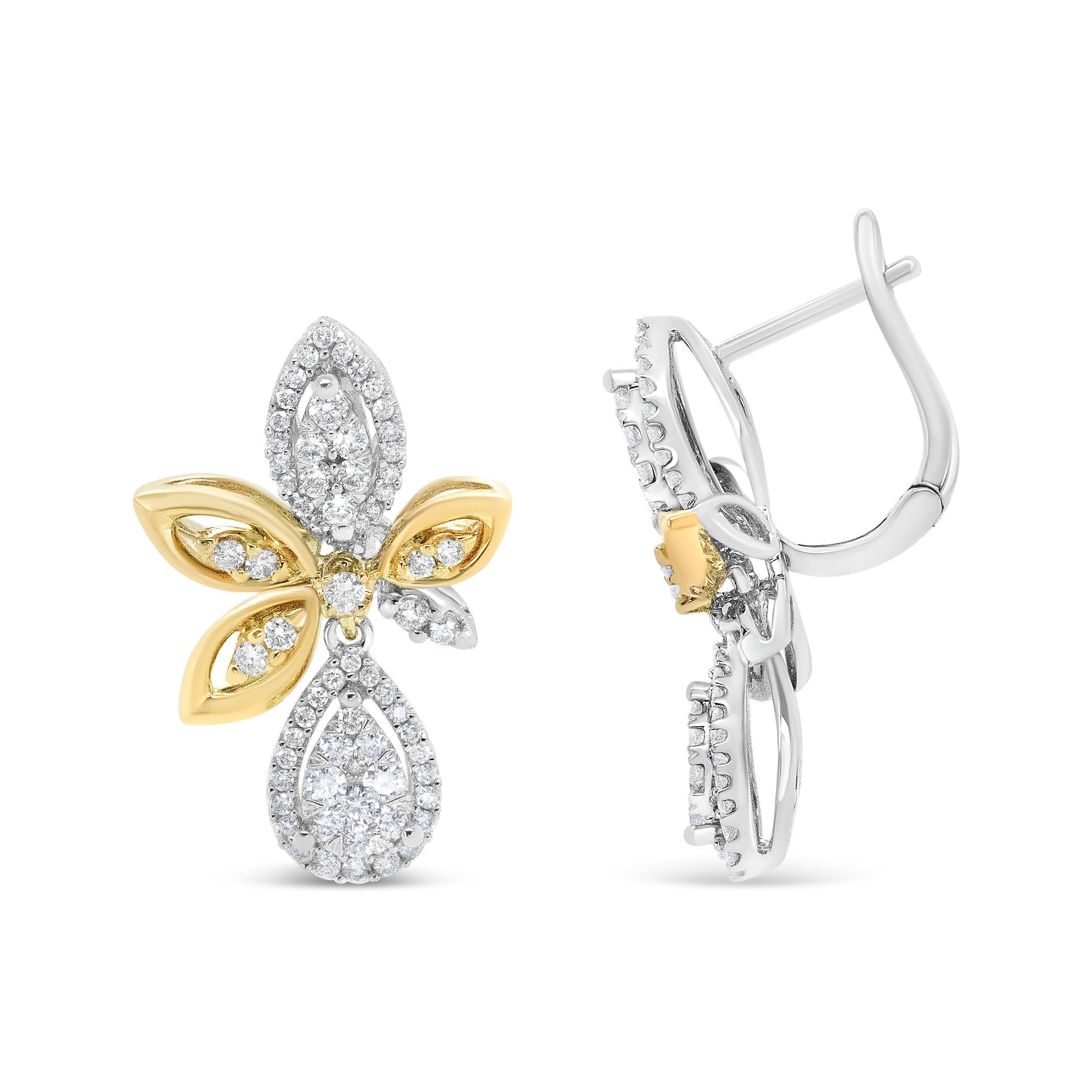 Contemporain Pendants d'oreilles en or blanc et jaune 14 carats avec diamants ronds sertis en pavé de 1,0 carat en vente