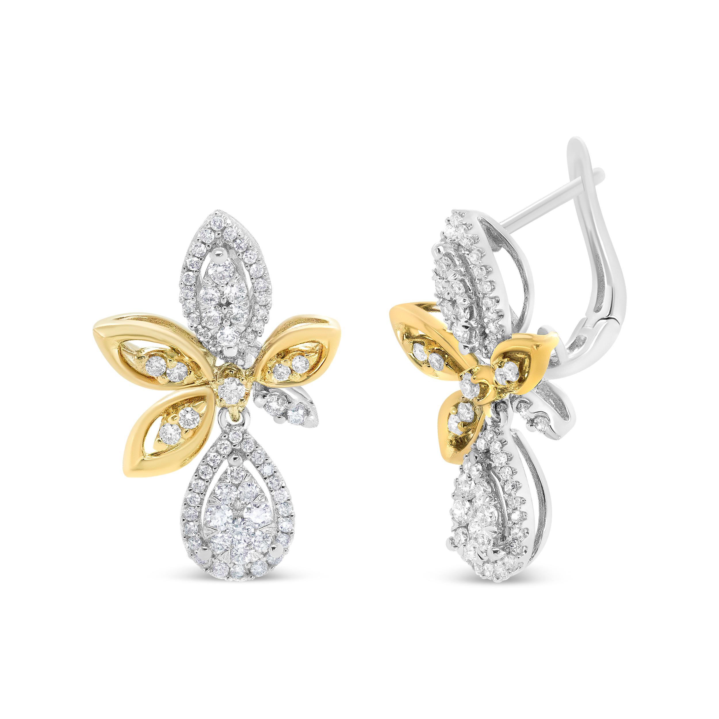 Round Cut 14K White and Yellow Gold 1.0 Carat Round Pave-Set Diamond Drop Dangle Earrings For Sale