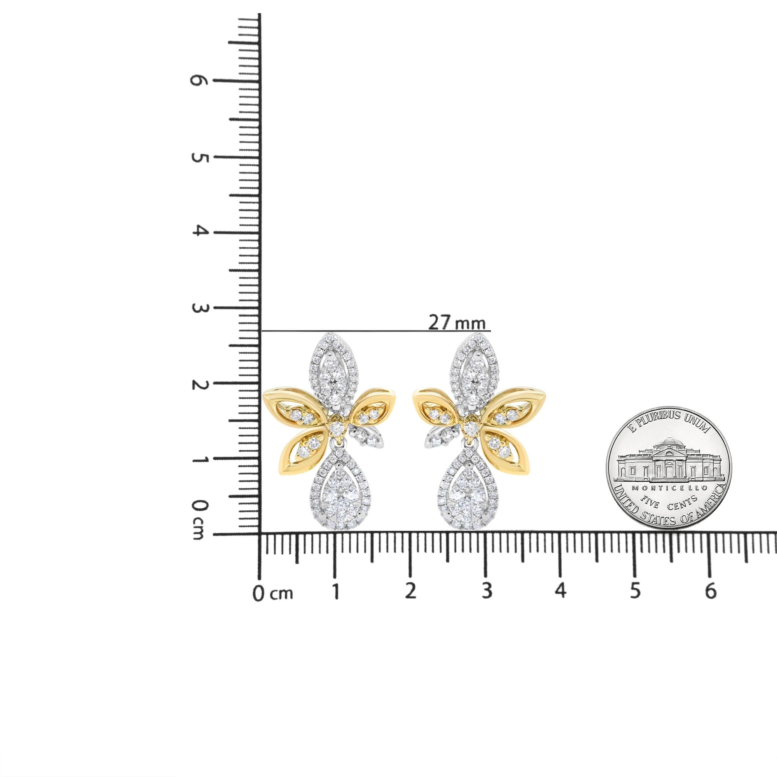14K Weiß- und Gelbgold 1,0 Karat Diamant-Tropfen-Ohrringe mit rundem Pavé-Schliff Damen im Angebot