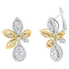 14K White and Yellow Gold 1.0 Carat Round Pave-Set Diamond Drop Dangle Earrings