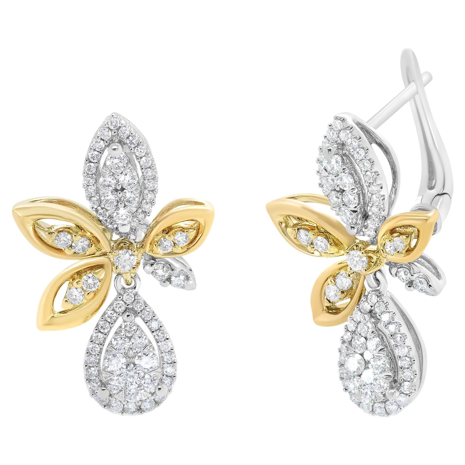 Pendants d'oreilles en or blanc et jaune 14 carats avec diamants ronds sertis en pavé de 1,0 carat en vente