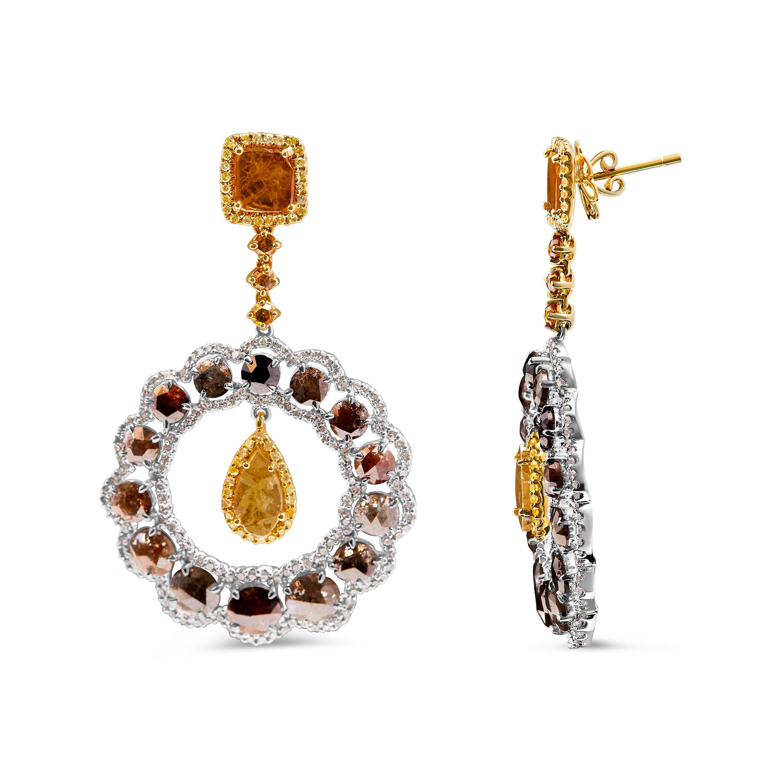Moderne Créoles et boucles d'oreilles à ballerines en or blanc et jaune 14 carats avec diamants fantaisie de 10,0 carats en vente