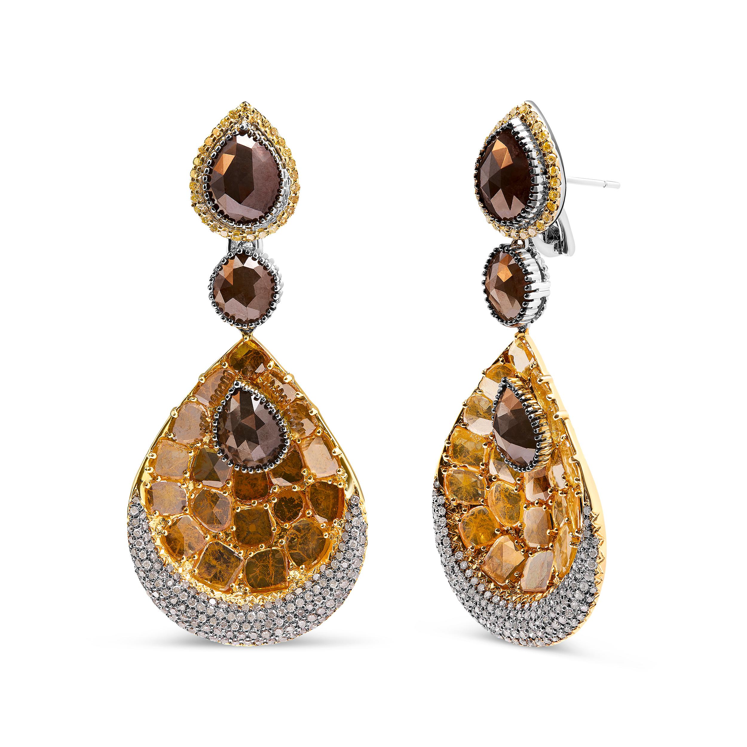 Introducing a captivating masterpiece, these 14K White and Yellow Gold Fancy Color Rose Cut Diamond Disc Drop Dangle Earrings are a true testament to elegance and sophistication. Crafted with love and adorned with 381 dazzling diamonds, these