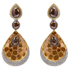 Pendants d'oreilles fantaisie en or blanc et jaune 14 carats avec disques de diamants 16 1/4 carats