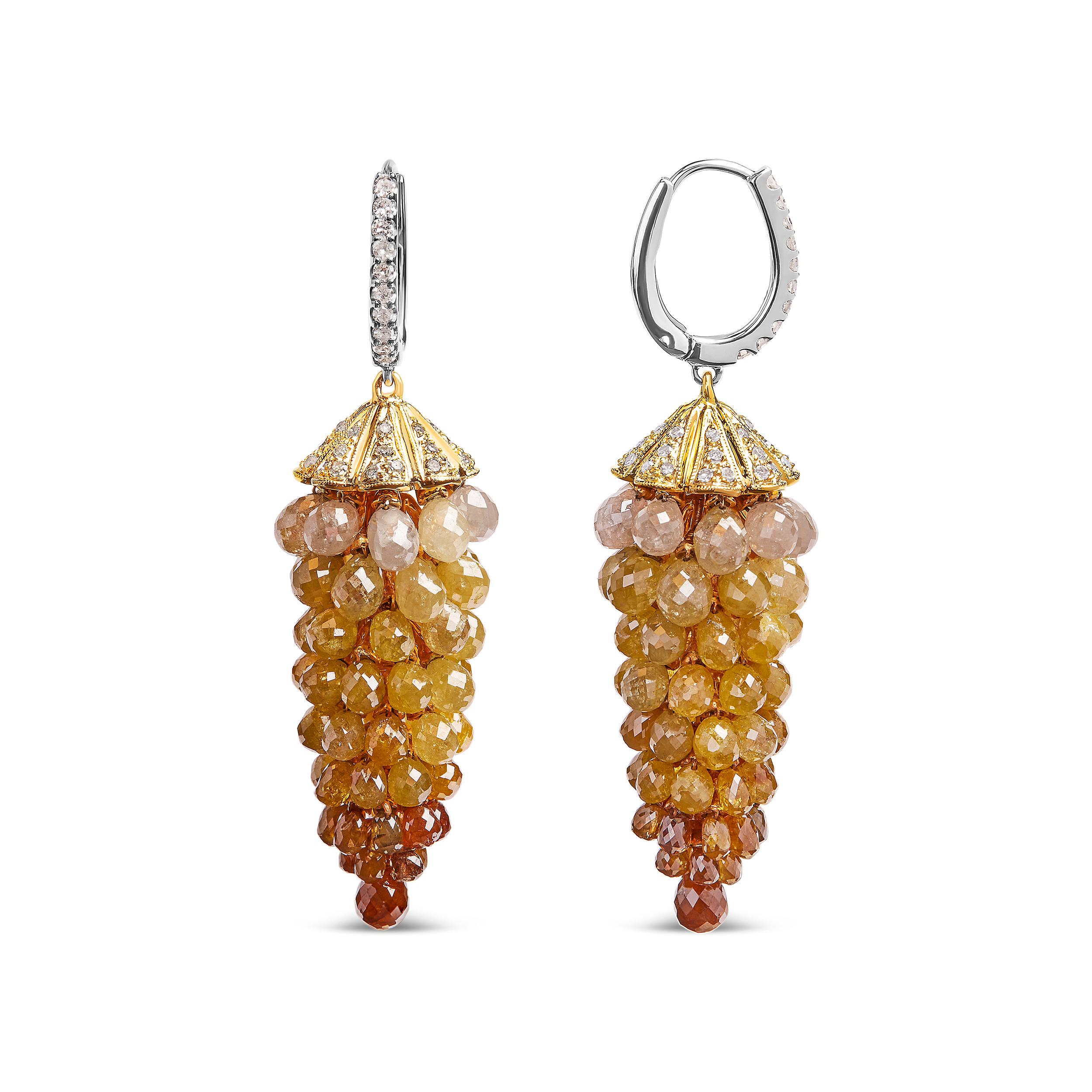 Modern 14K White and Yellow Gold 38.0 Carat Diamond Honeycomb Drop and Dangle Earring For Sale