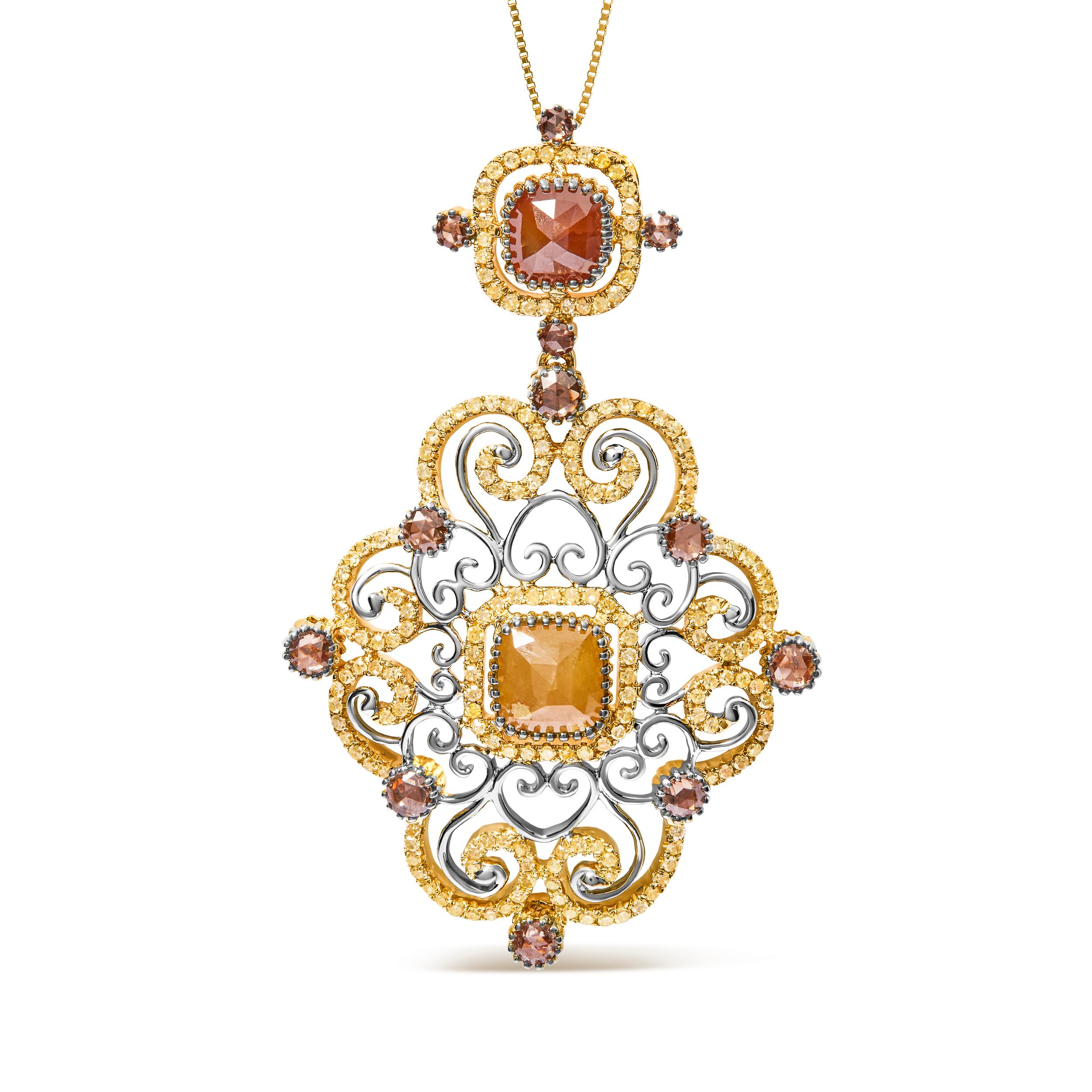 Introducing a captivating masterpiece that effortlessly blends vintage charm with modern elegance. This exquisite 14K White and Yellow Gold Pendant Necklace is adorned with a mesmerizing array of Fancy Color Rose Cut Diamonds, totaling a remarkable