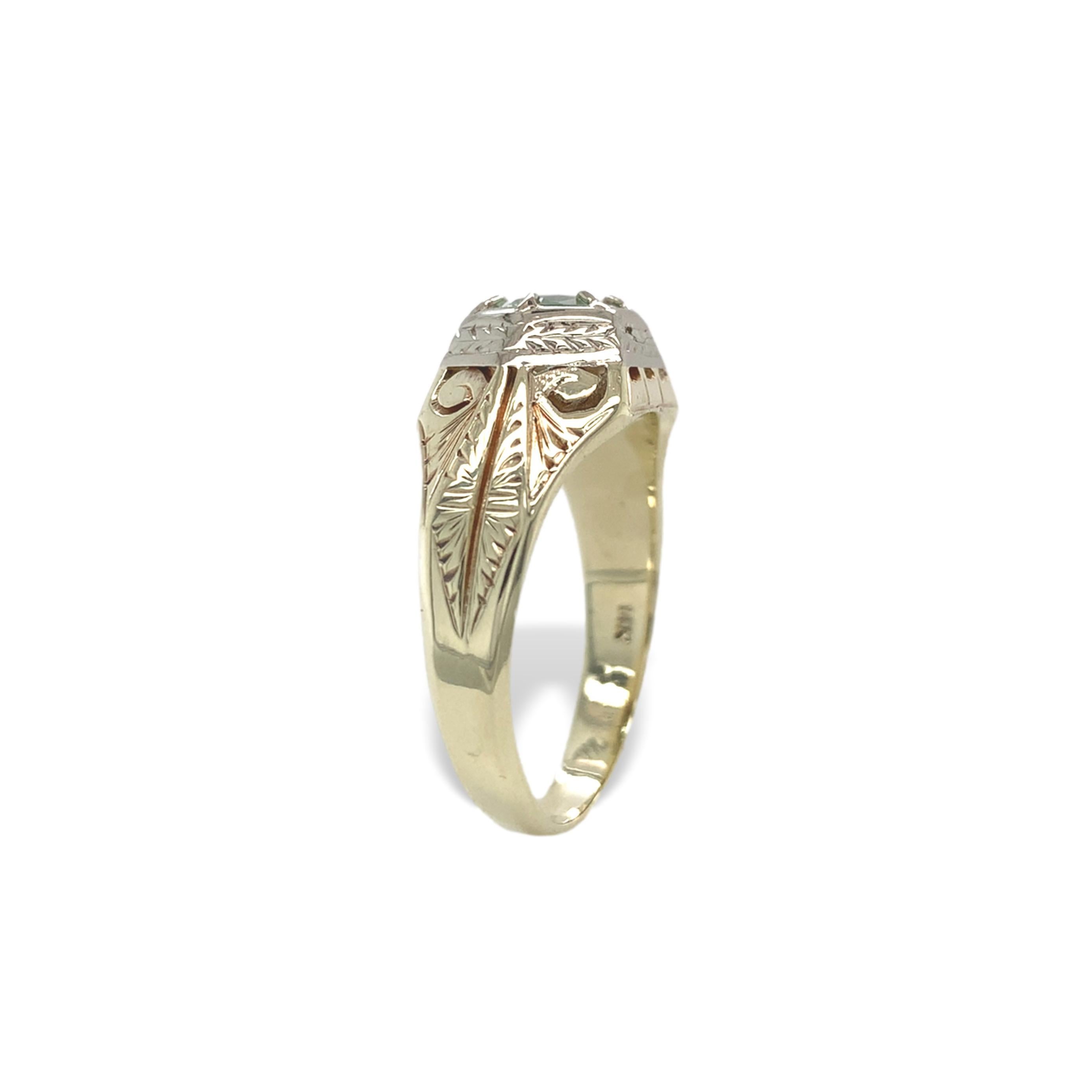 Anillo para hombre de oro blanco y amarillo de 14 quilates con turmalina de 0,68 ct  Grabado a mano Tamaño 9,75 Art Decó en venta