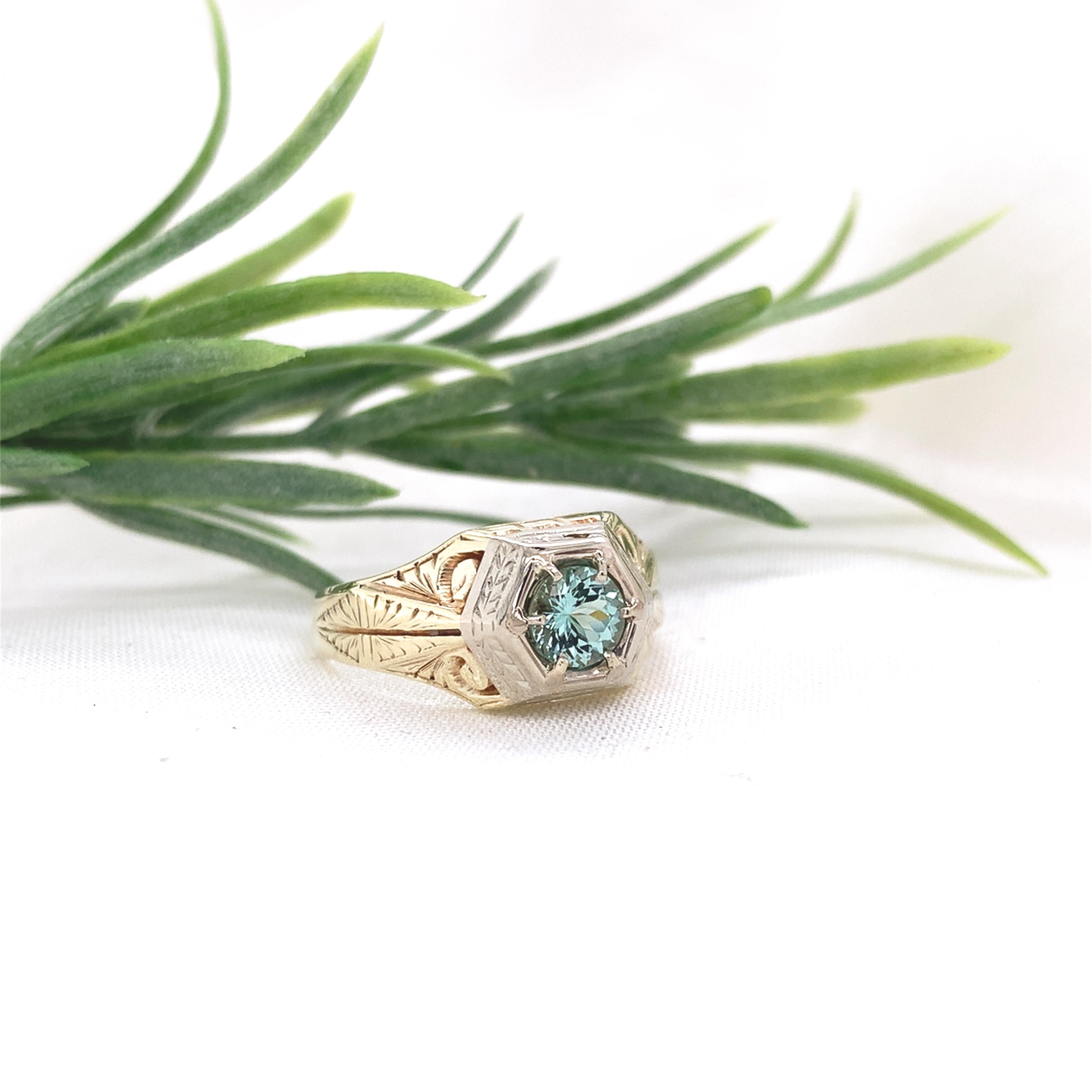 Anillo para hombre de oro blanco y amarillo de 14 quilates con turmalina de 0,68 ct  Grabado a mano Tamaño 9,75 en venta 2