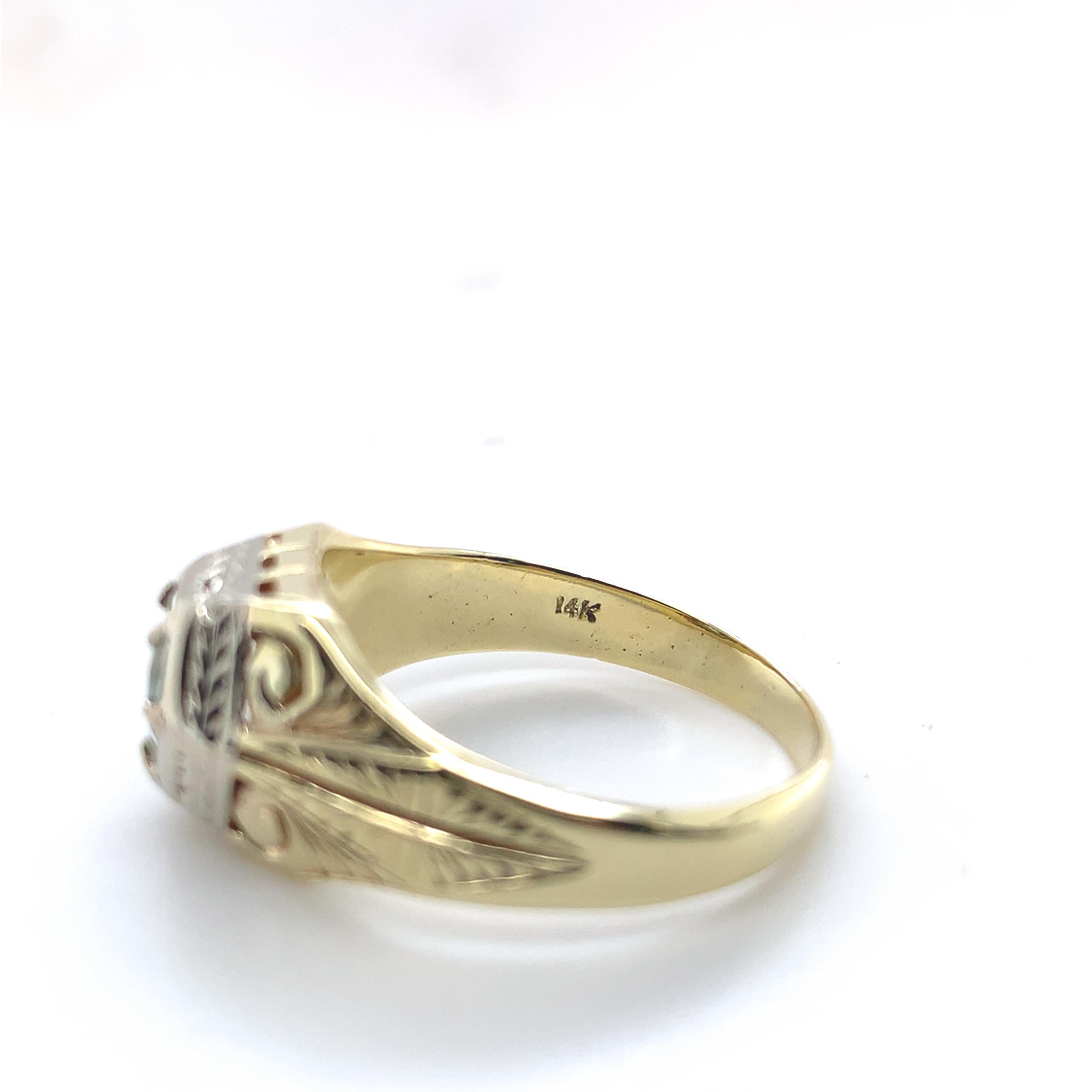 Anillo para hombre de oro blanco y amarillo de 14 quilates con turmalina de 0,68 ct  Grabado a mano Tamaño 9,75 en venta 3