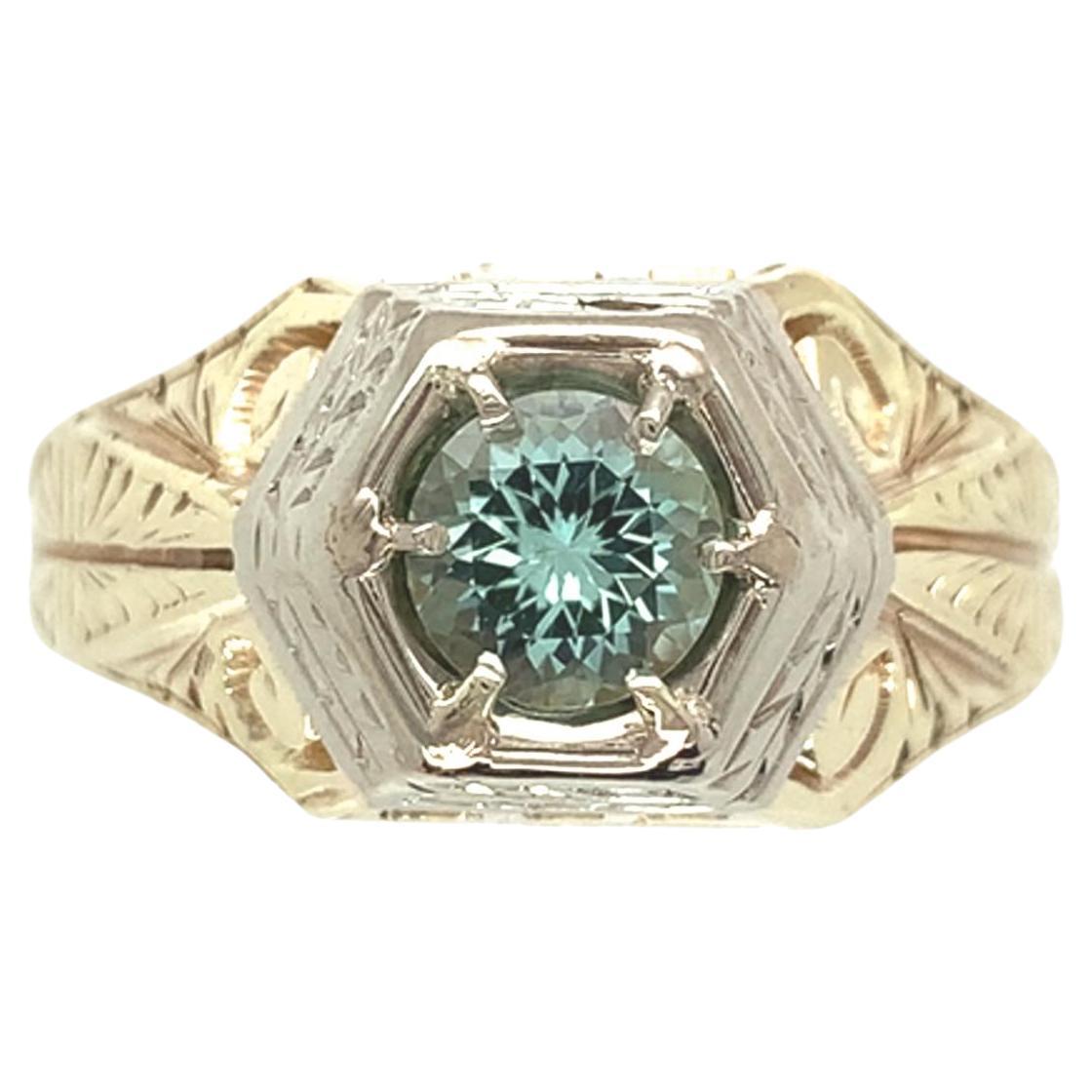 Anillo para hombre de oro blanco y amarillo de 14 quilates con turmalina de 0,68 ct Grabado a mano Tamaño 9,75