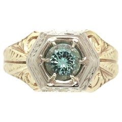 14K White and Yellow Gold .68ct Tourmaline Men's Ring  Hand Engraved Size 9.75