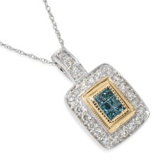 Collana con ciondolo in oro bianco e giallo 14k con diamanti bianchi e blu