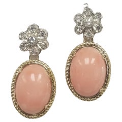 14k White and Yellow Gold Coral and Diamond Dangle Earrings