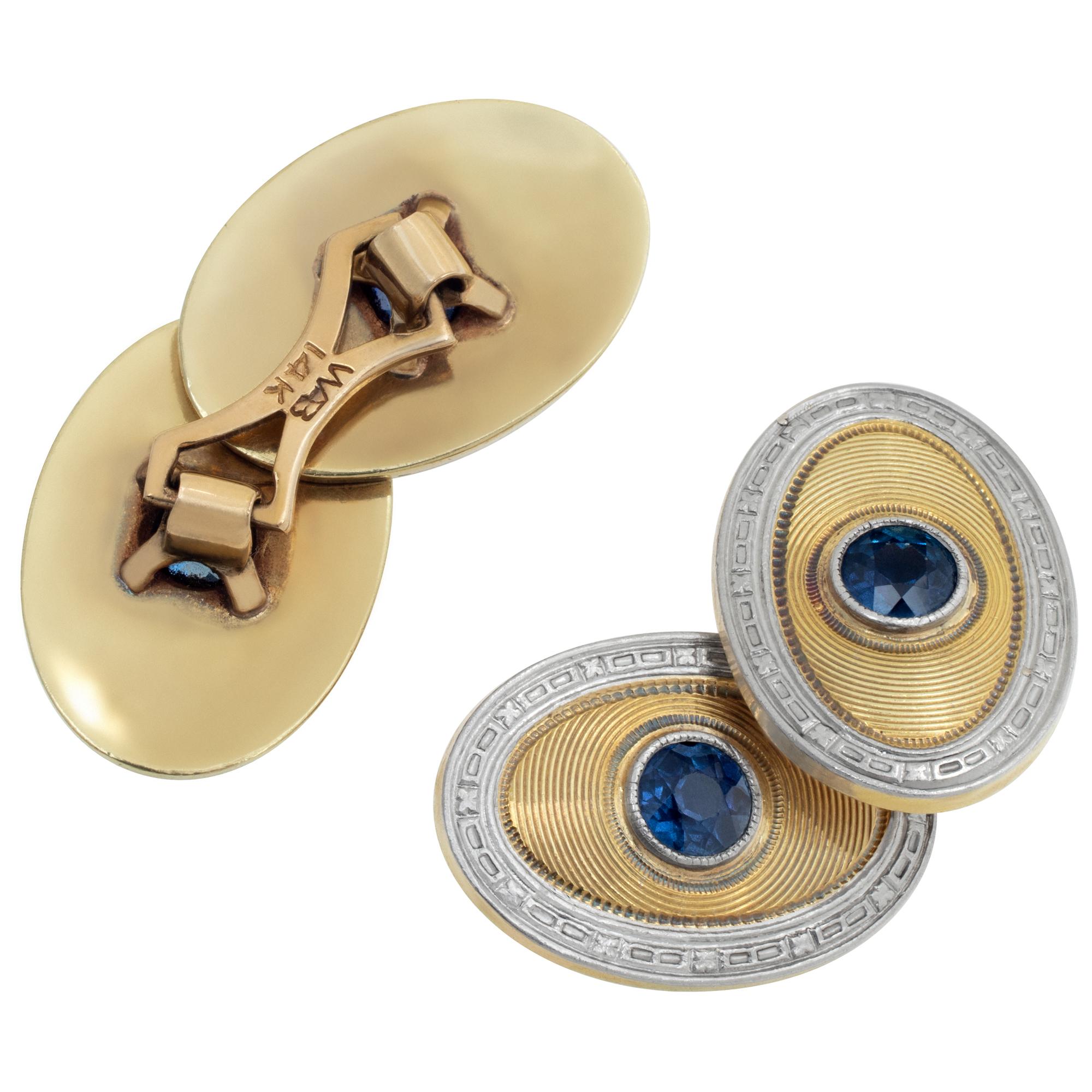14k White and Yellow Gold Cufflinks with Sapphire Accents In Excellent Condition In Surfside, FL