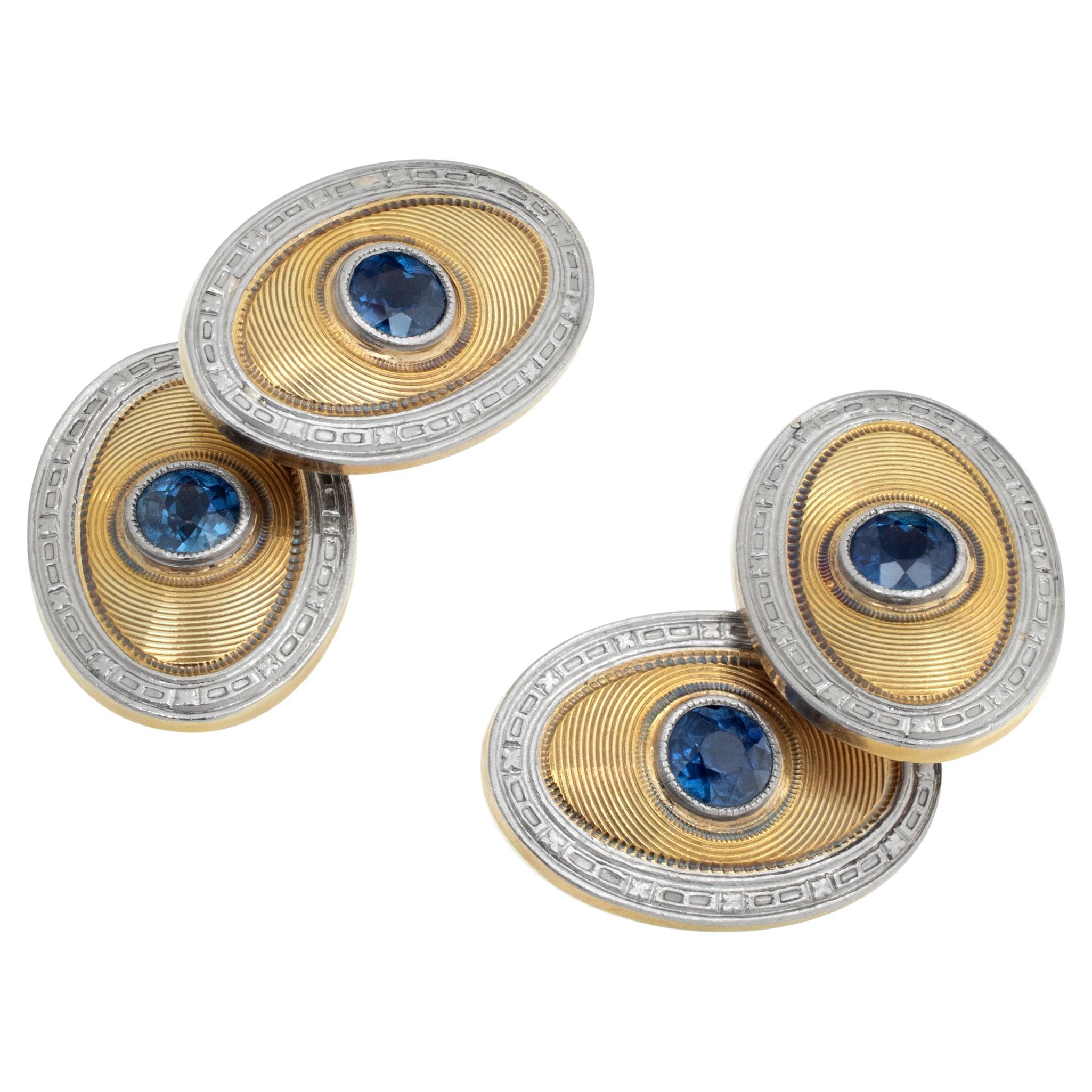 14k White and Yellow Gold Cufflinks with Sapphire Accents For Sale