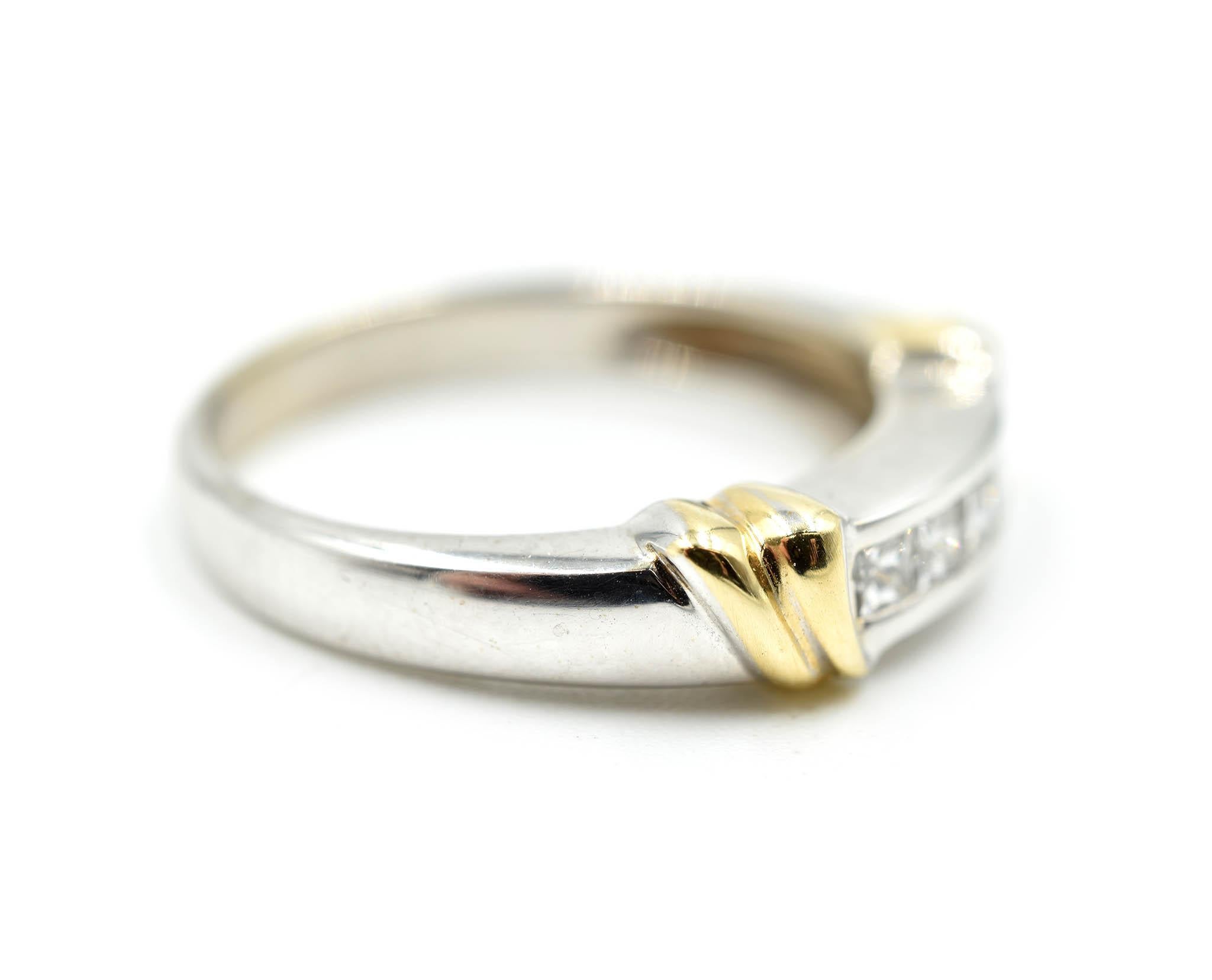 Designer: custom design
Material: 14k white/yellow gold
Diamonds: 6d = 0.50cttw
Ring size: 5.75 (please allow two additional shipping days for sizing requests)
Dimensions: band width measures 3.80mm
Weight: 4.38 grams

