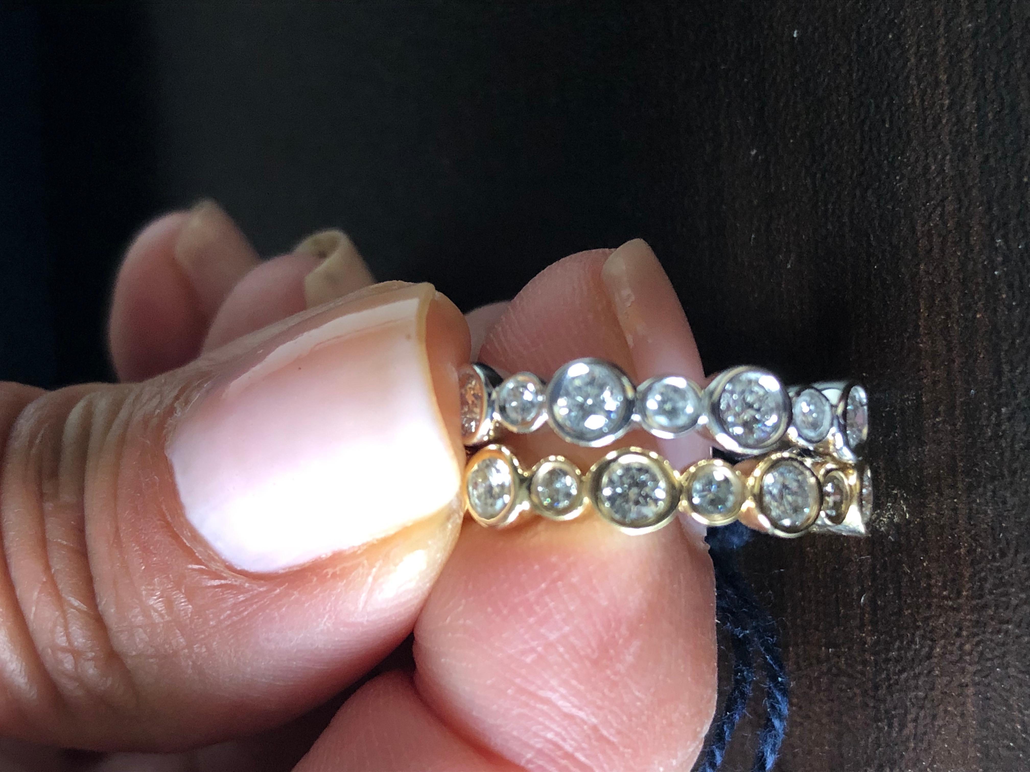 Modern 14 Karat White and Yellow Gold Diamond Bezel Eternity Rings For Sale
