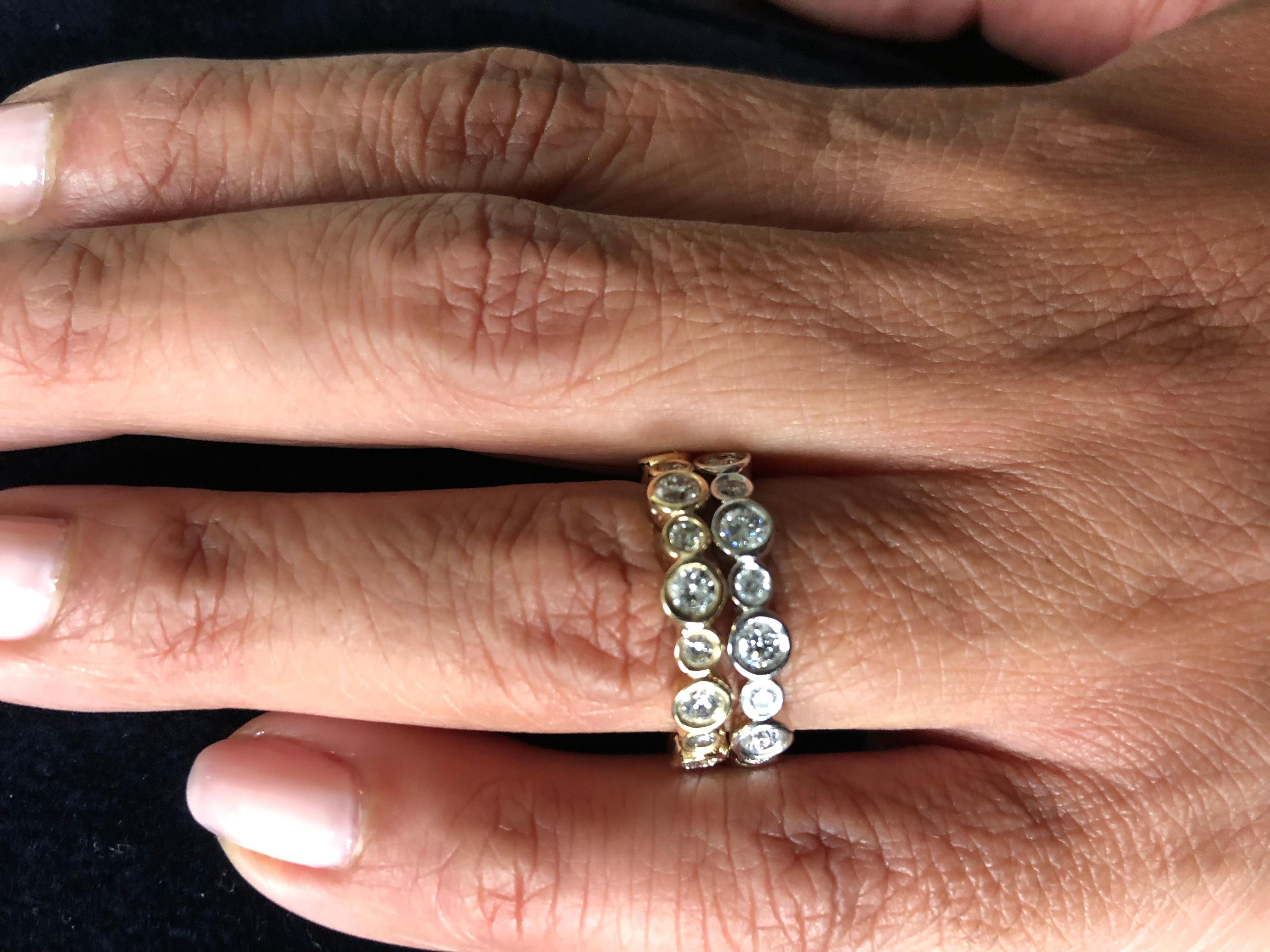 Round Cut 14 Karat White and Yellow Gold Diamond Bezel Eternity Rings For Sale